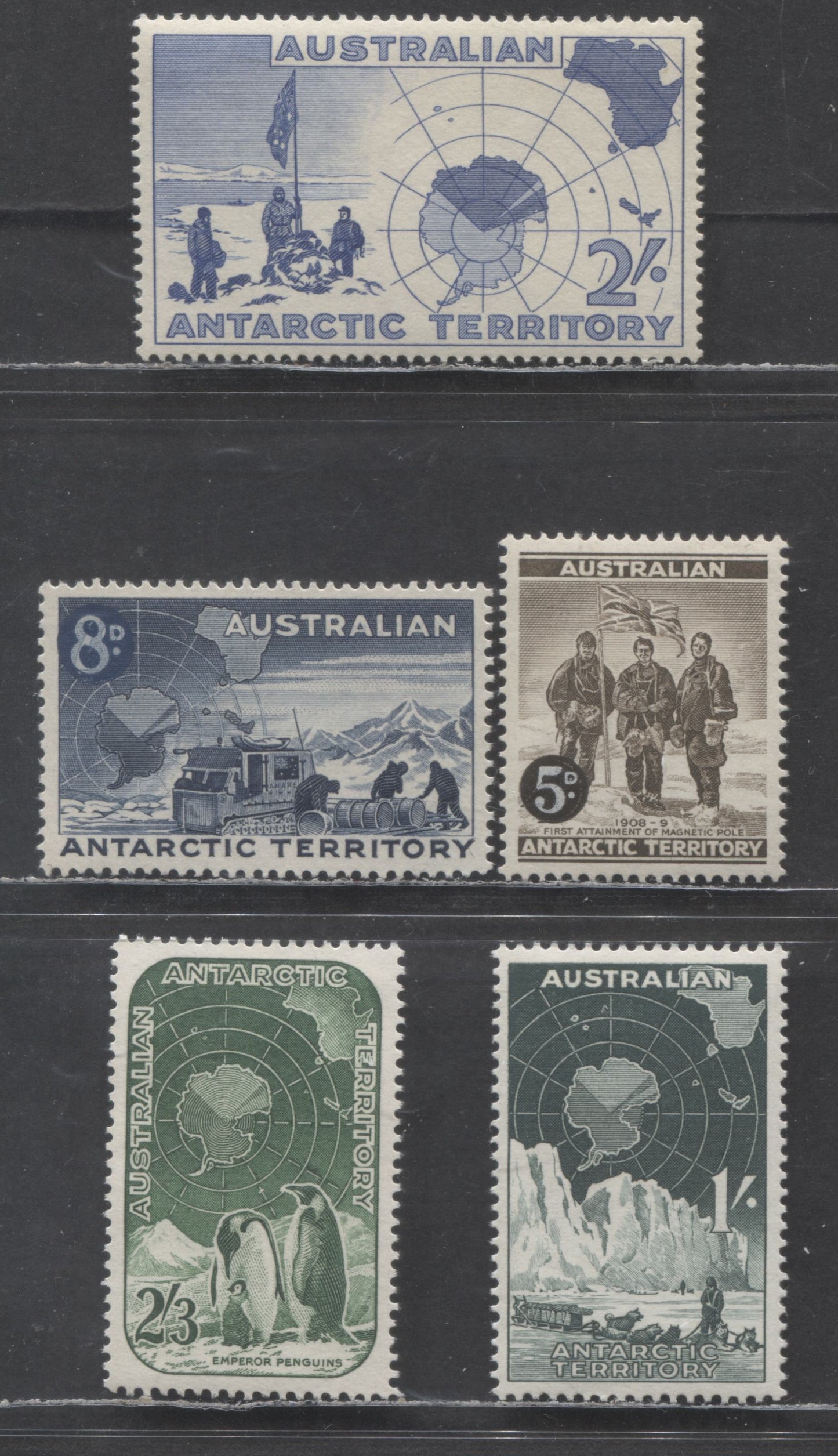 Lot 21 Australian Antarctic Territory SC#LI-LJ 1957 - 1959 Definitives Issue, 5 VFNH Singles, Click on Listing to See ALL Pictures, 2022 Scott Classic Cat. $20.4 USD