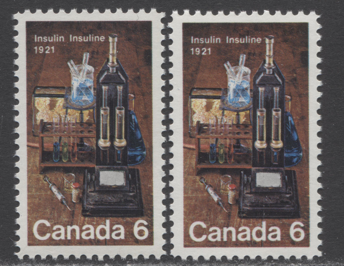 Lot 125 Canada #533var 6c Multicolored Laboratory Equipment, 1971 Discovery Of Insulin Issue, 2 VFNH Singles On MF7/HB12 & MF7/HB10 Papers With Minor Rightward Shift Of Blue Color