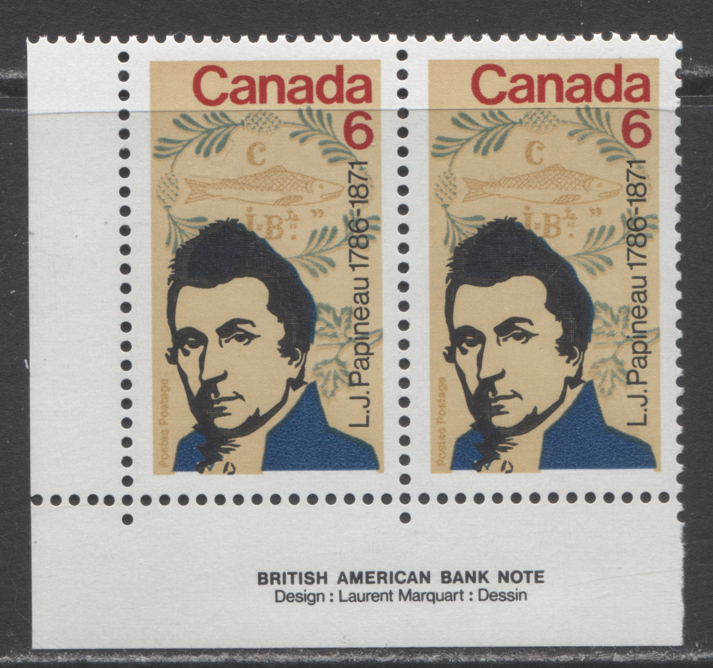 Canada #539 var 6c Multicoloured L.J. Papineau, 1971 L.J. Papineau Issue, A VFNH Inscription Pair With Blue Hair Due To Color Shift, On DF/DF Paper With Matte PVA
