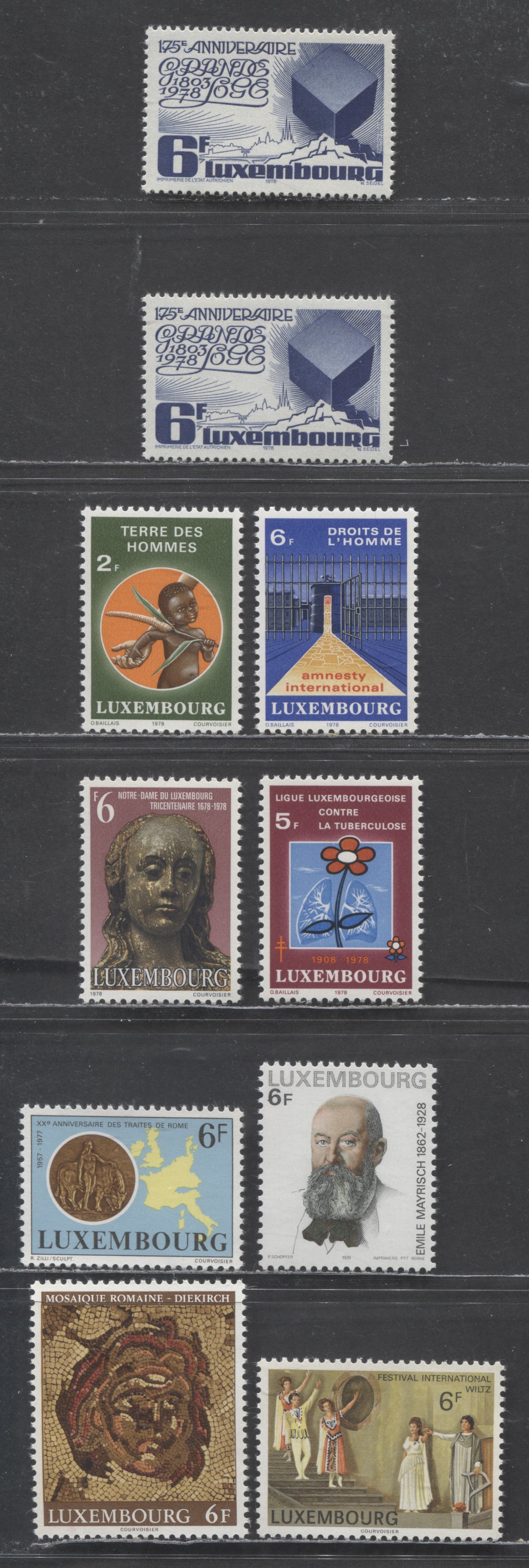 Luxembourg SC#604/617 1977-1978 Mosaic & Masonic Grand Lodge Issues, Including Paper Varieties On #617, Which Is Both HF/LF & HF-fl/MF-fl, 10 VFNH Singles, Click on Listing to See ALL Pictures, 2022 Scott Classic Cat. $6 USD