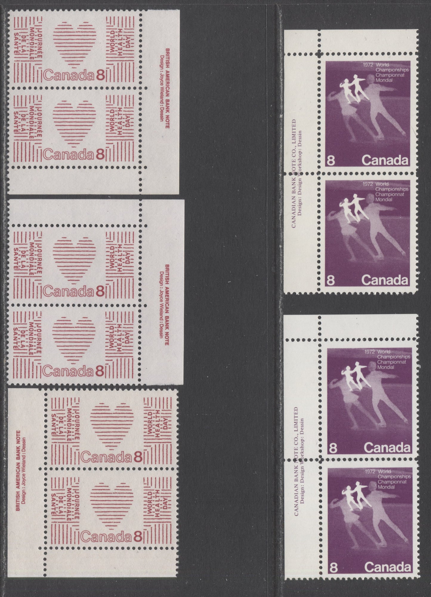 Canada #559-560ii 8c Deep Red Lilac & Red Figure Skaters & Heart, 1972 Figure Skating & UN World Health Day Issues, 5 VFNH Inscription Pairs With Different Fluorescent Sooth & Ribbed Papers