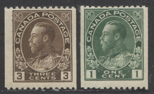 Canada #131, 134 1c & 3c Green & Dark Brown King George V, 1915-1924 Admiral Coil Issue, 2 FOG Coil Singles With Perf 12 Horizontal
