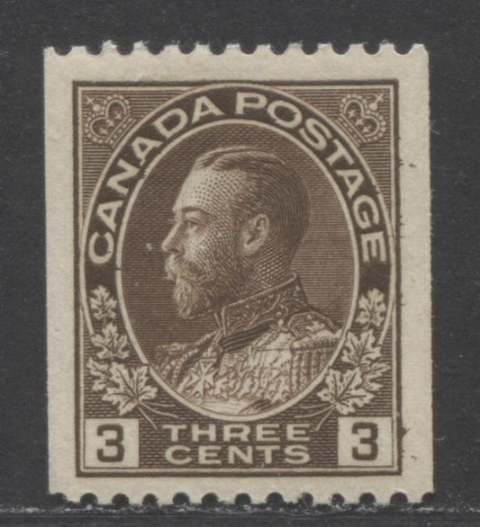 Canada #134 3c Dark Brown King George V, 1915-1924 Admiral Coil Issue, A VFLH Coil Single With Perf 12 Horizontal