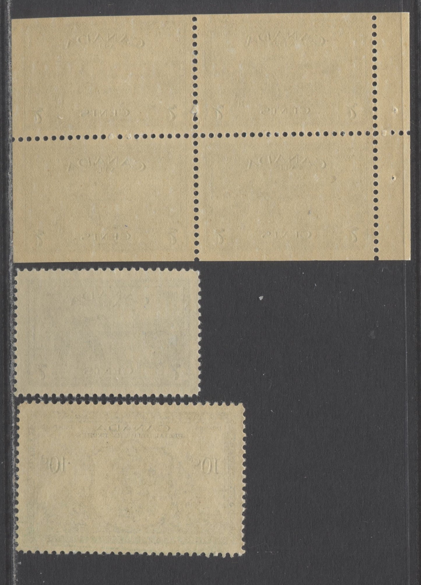 Lot 42 Canada #C9,a,E11 7c & 10c Deep Blue & Green Canada Geese & Emblem With Flowers, 1946 Airmail War & Special Delivery Peace Issue, 3 VFNH Singles & Booklet Pane Of 4