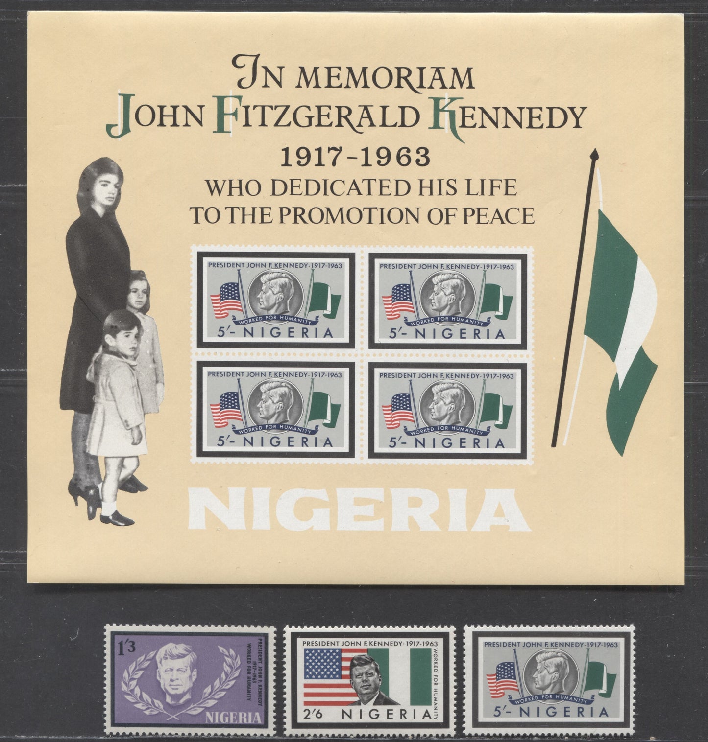 Nigeria SC#159-161a 1964 Kennedy Memorial Issue On HF, LF & F Papers, 4 VFNH Singles & Souvenir Sheet, Click on Listing to See ALL Pictures, 2017 Scott Cat. $9.8 USD