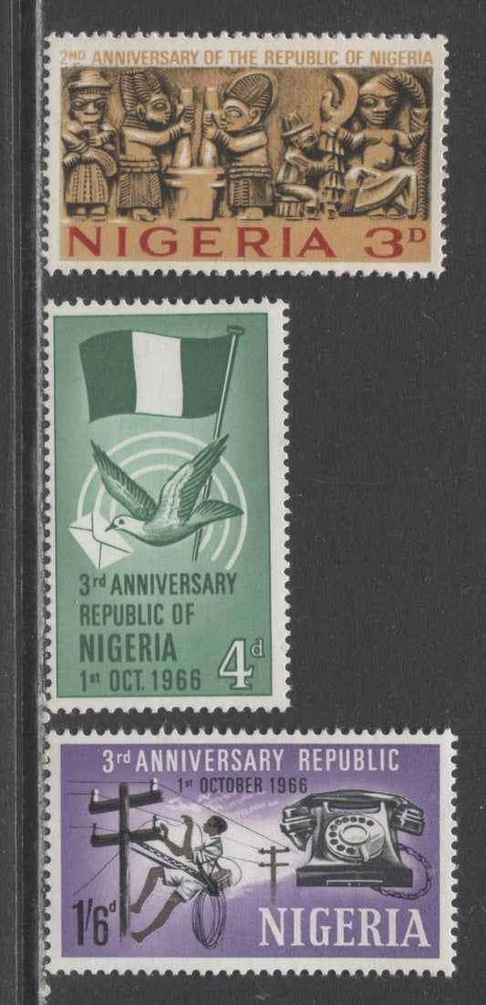 Nigeria SC#181/202 1965-1966 2nd & 3rd Anniversary Of Republic, With Unlisted Paper Varieties, 3 F/VFNH Singles, Click on Listing to See ALL Pictures, Estimated Value $3 USD