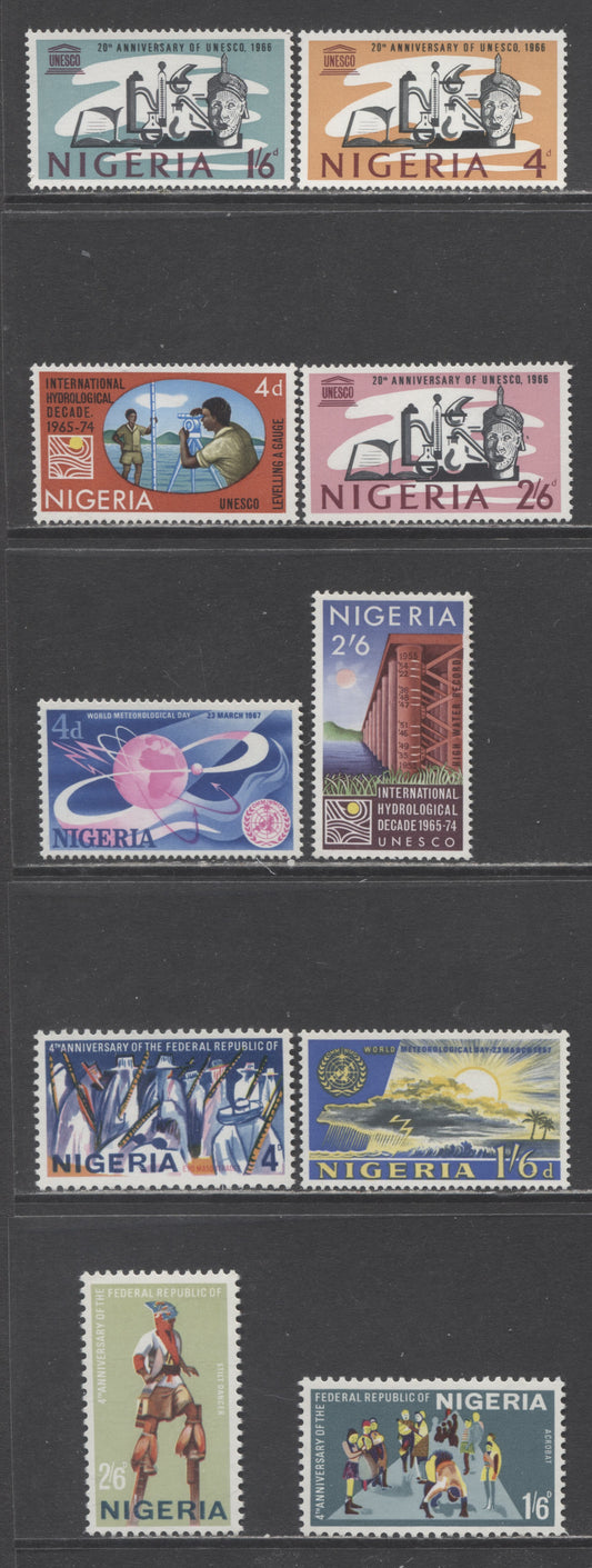 Nigeria SC#204-213 1966-1967 UNESCO, 4th Anniversary Of Republic & Hydrological Issues With Different Papers From Those In Lot #356, 10 VFNH Singles, Click on Listing to See ALL Pictures, 2017 Scott Cat. $8.9 USD