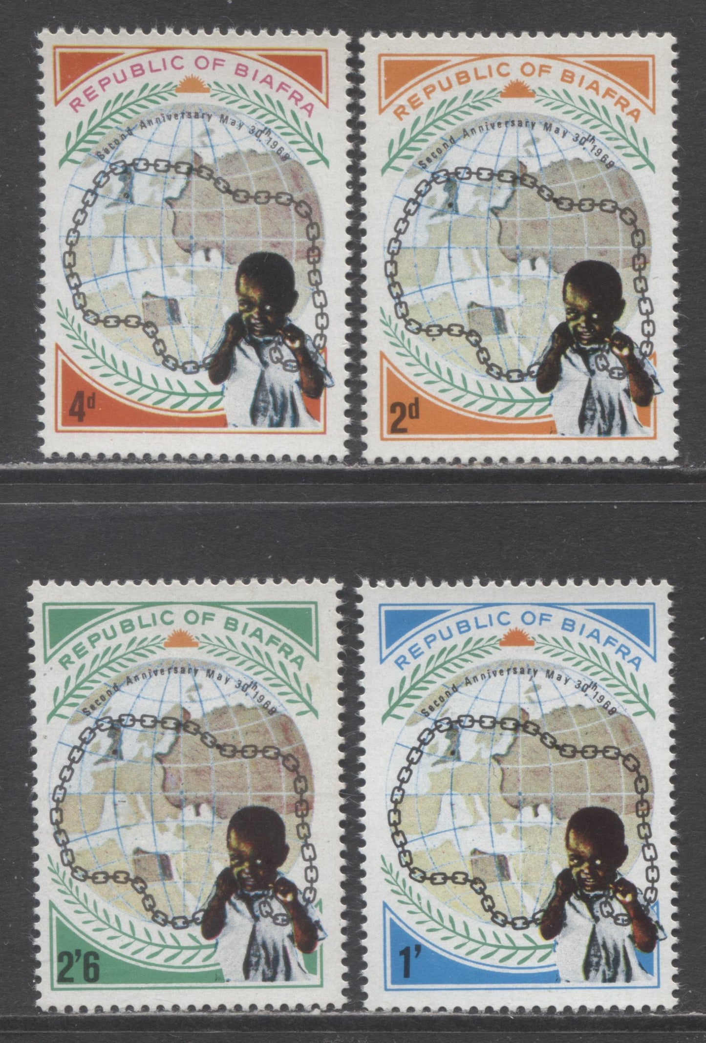 Lot 44 Biafra SC#22-25 1969 Anniversary Of Independence, 4 VFNH Singles, Click on Listing to See ALL Pictures, 2017 Scott Cat. $12 USD