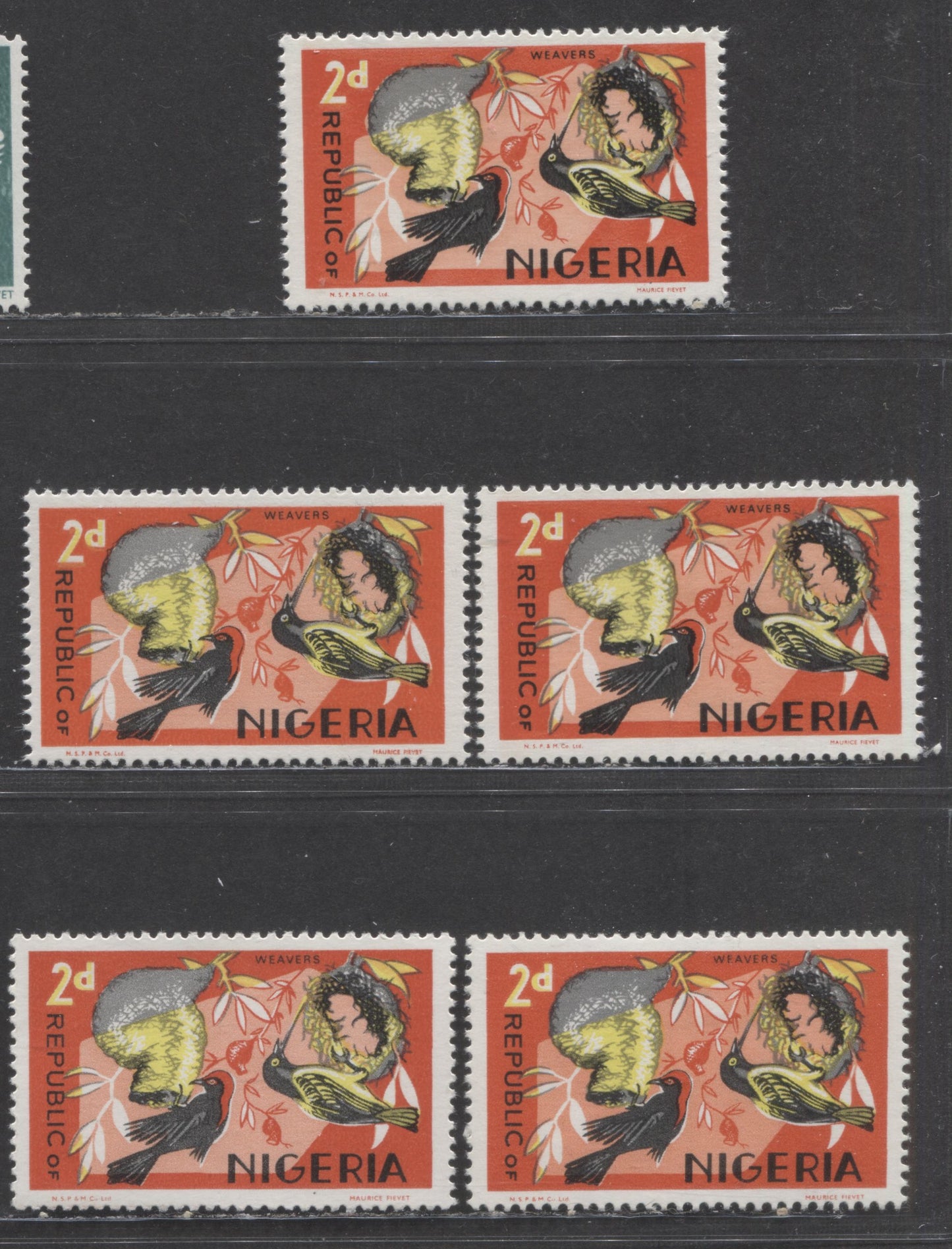 Lot 59 Nigeria SC#259 2d Multicolored 1969-1972 Animal Definitives, With Different Papers & Gums, 5.5 & 4.5mm Right Imprints, NSP&M Printings, 5 VFNH/LH Singles, 2022 Scott Classic Cat. $20 USD