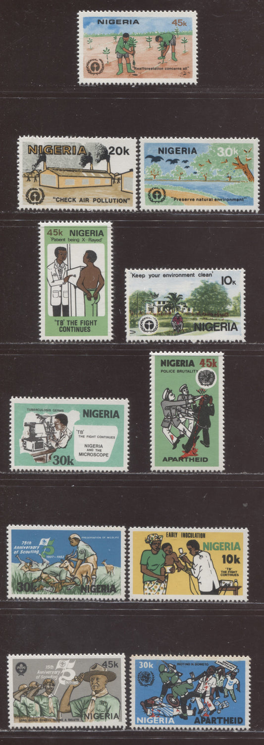 Nigeria SC#405-415 1981-1982 Anti-Apartheid - Environment Conference Issues, 11 VFNH Singles, Click on Listing to See ALL Pictures, 2017 Scott Cat. $5.75 USD