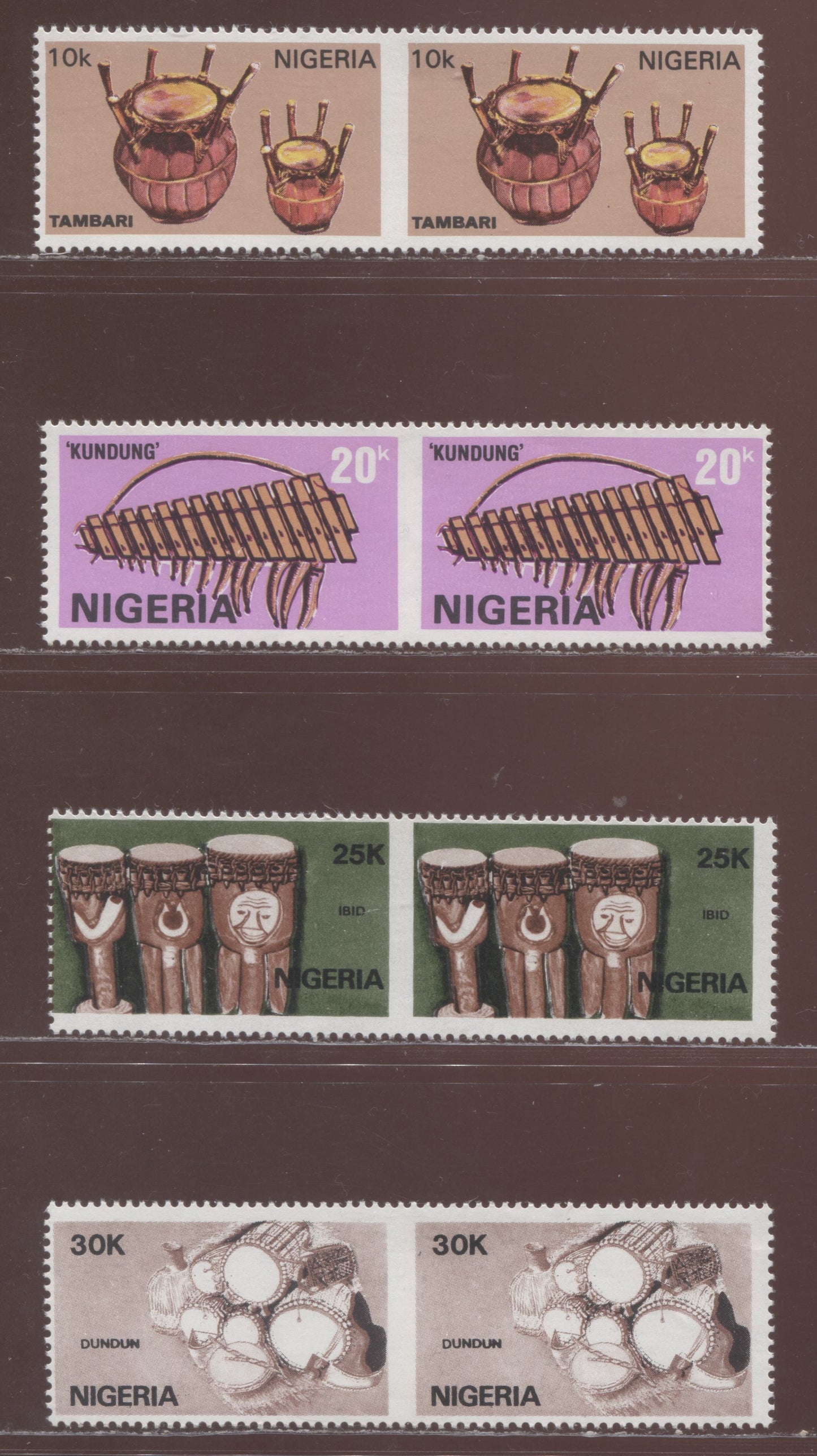Lot 59 Nigeria SC#545-548 1989 Musical Instruments, 4 VFNH Imperf Between Pairs, Click on Listing to See ALL Pictures, Estimated Value $20 USD