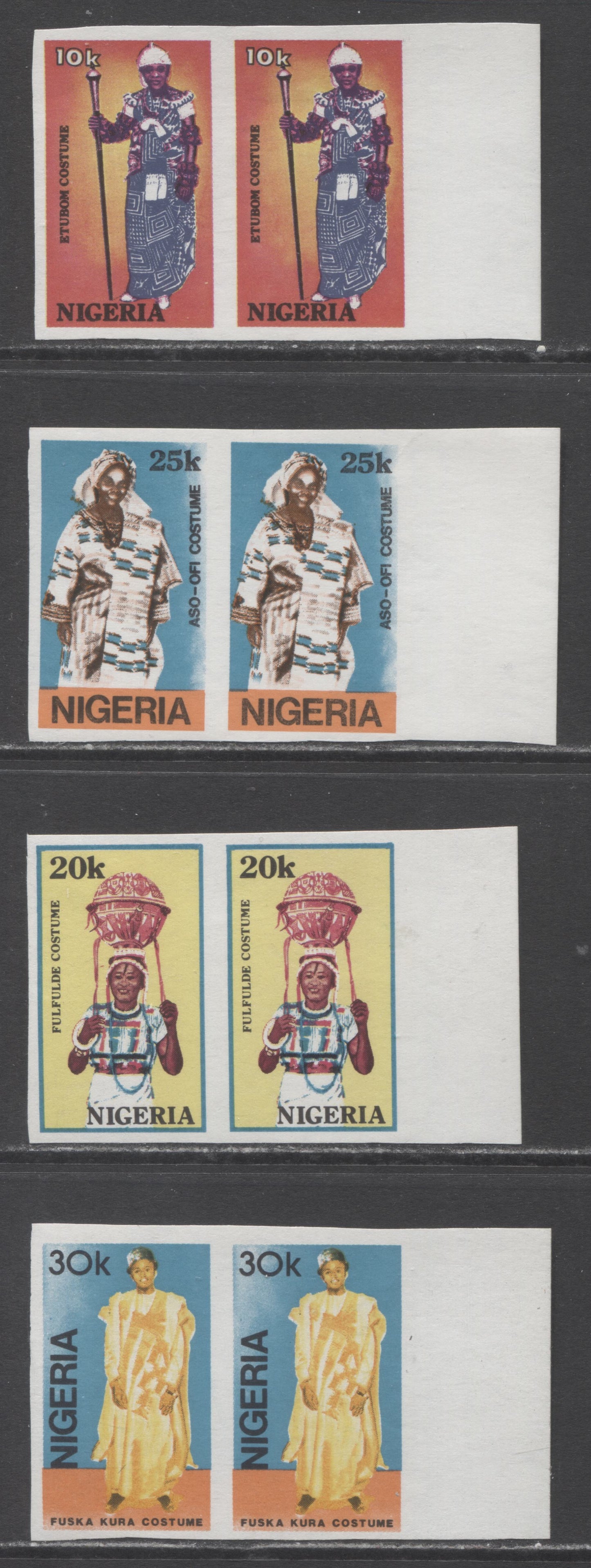 Lot 60 Nigeria SC#555var-558var 1989 Traditional Costumes Issue, 4 VFNH Imperf Horizontal Pairs, Click on Listing to See ALL Pictures, Estimated Value $20 USD