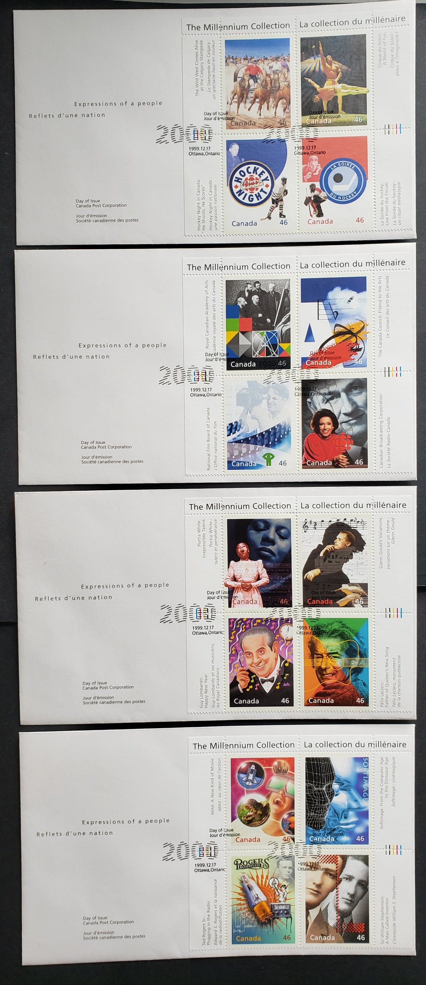 Canada #1818-1821 46c Multicolored Media Technologies-Fostering Canadian Talent, 1999 Millenium Issue, 4 XFNH Covers