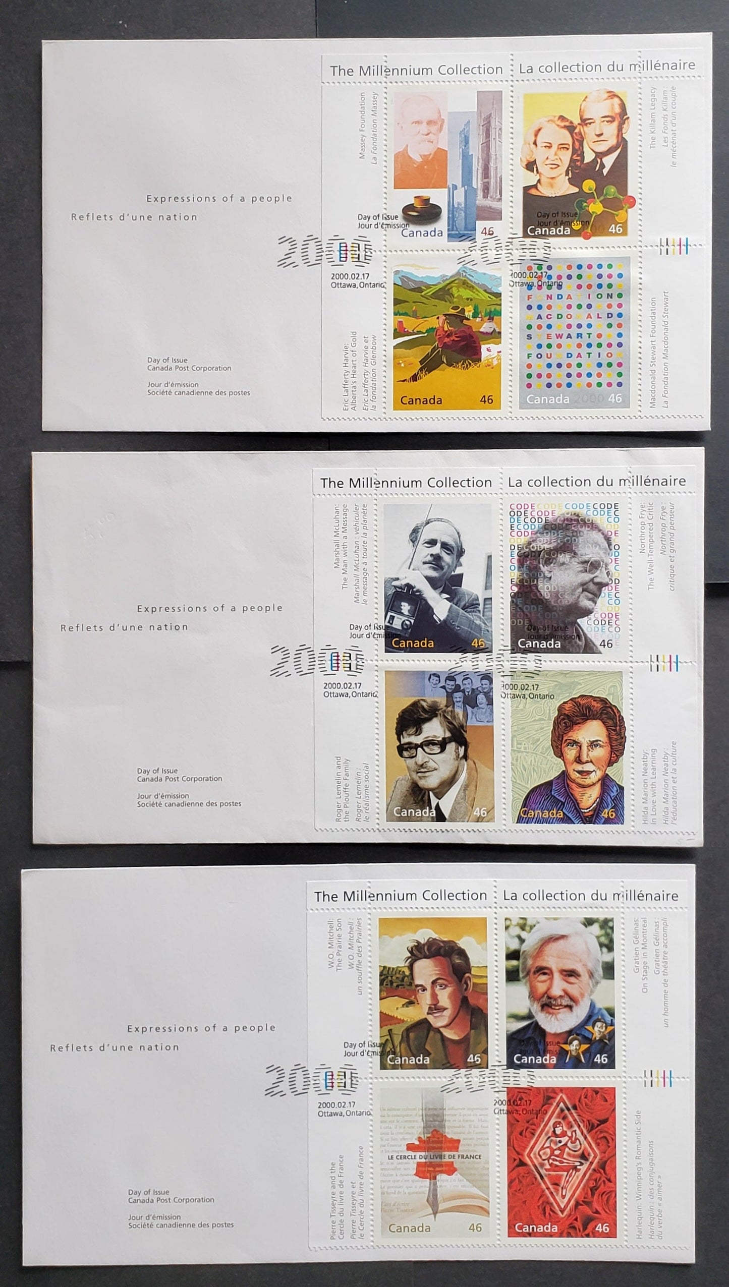 Canada #1828-1830 46c Multicolored Literary Legends - A Tradition Of Generosity, 2000 Millenium Issue, 3 VFNH Covers