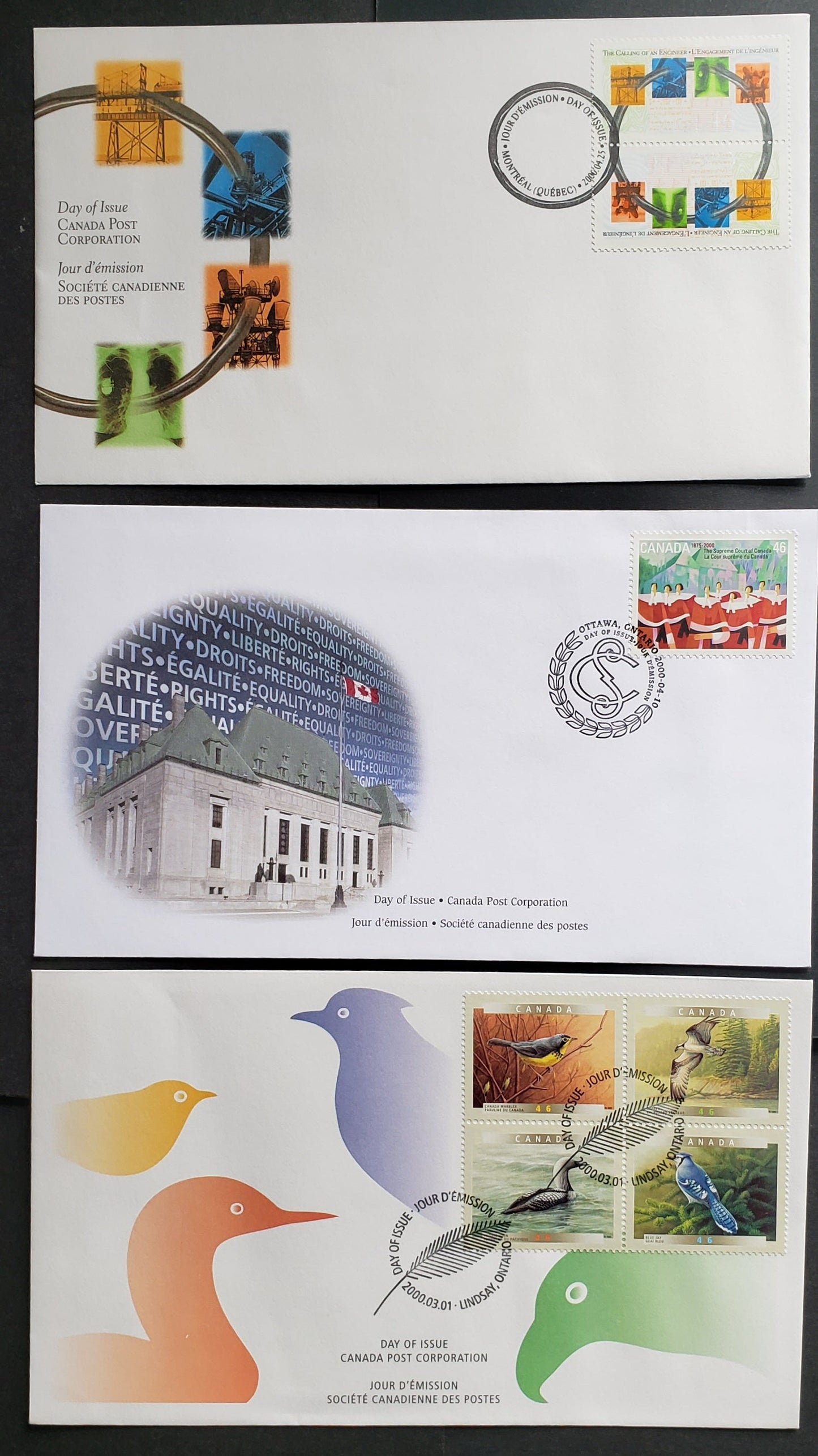 Canada #1842a, 1847, 1848a 46c Multicolored Canadian Warbler - Engineering Achievements, 2000 Birds Of Canada - Calling Of An Engineer Issues, 3 VFNH First Day Covers