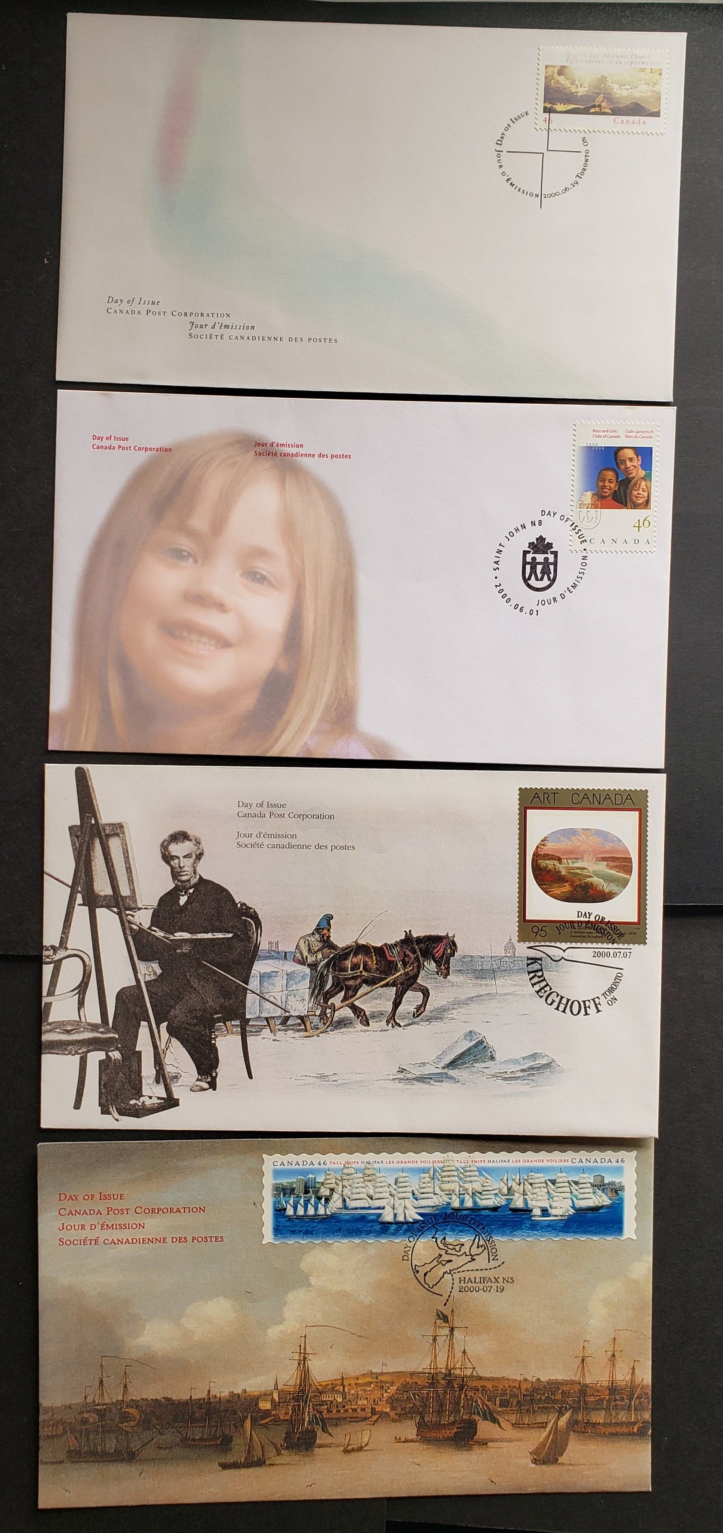 Canada #1857, 1858, 1863, 1865a 46c & 95c Multicolored Three Club Members - Tall Ships, 2000 Boys & Girls Club - Tall Ships Issues, 4 VFNH First6 Day Covers