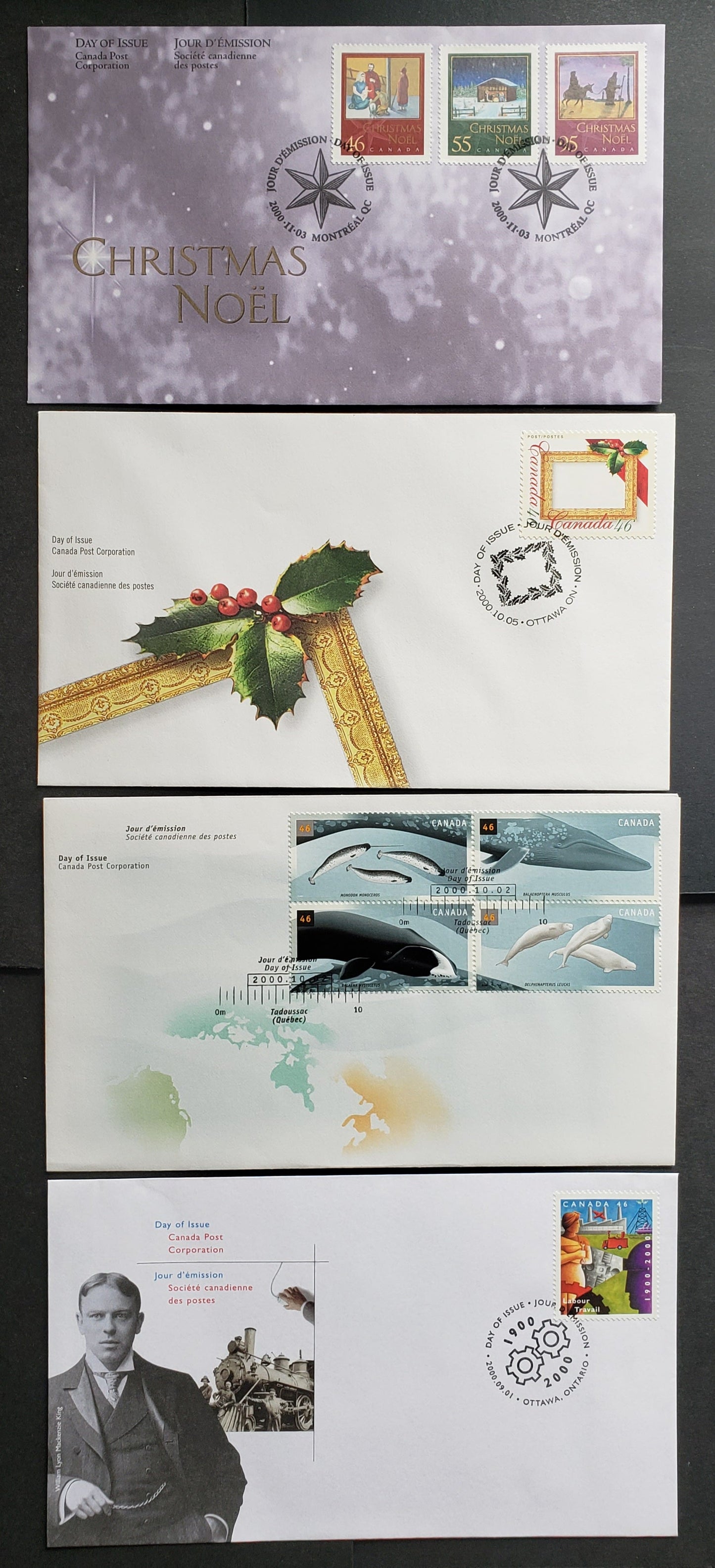 Canada #1866, 1871-1875 46c, 55c & 95c Multicolored Labour & Industry - Flight Into Egypt, 2000 Department Of Labour Centennial - Christmas Issues, 4 VFNH First Day Covers