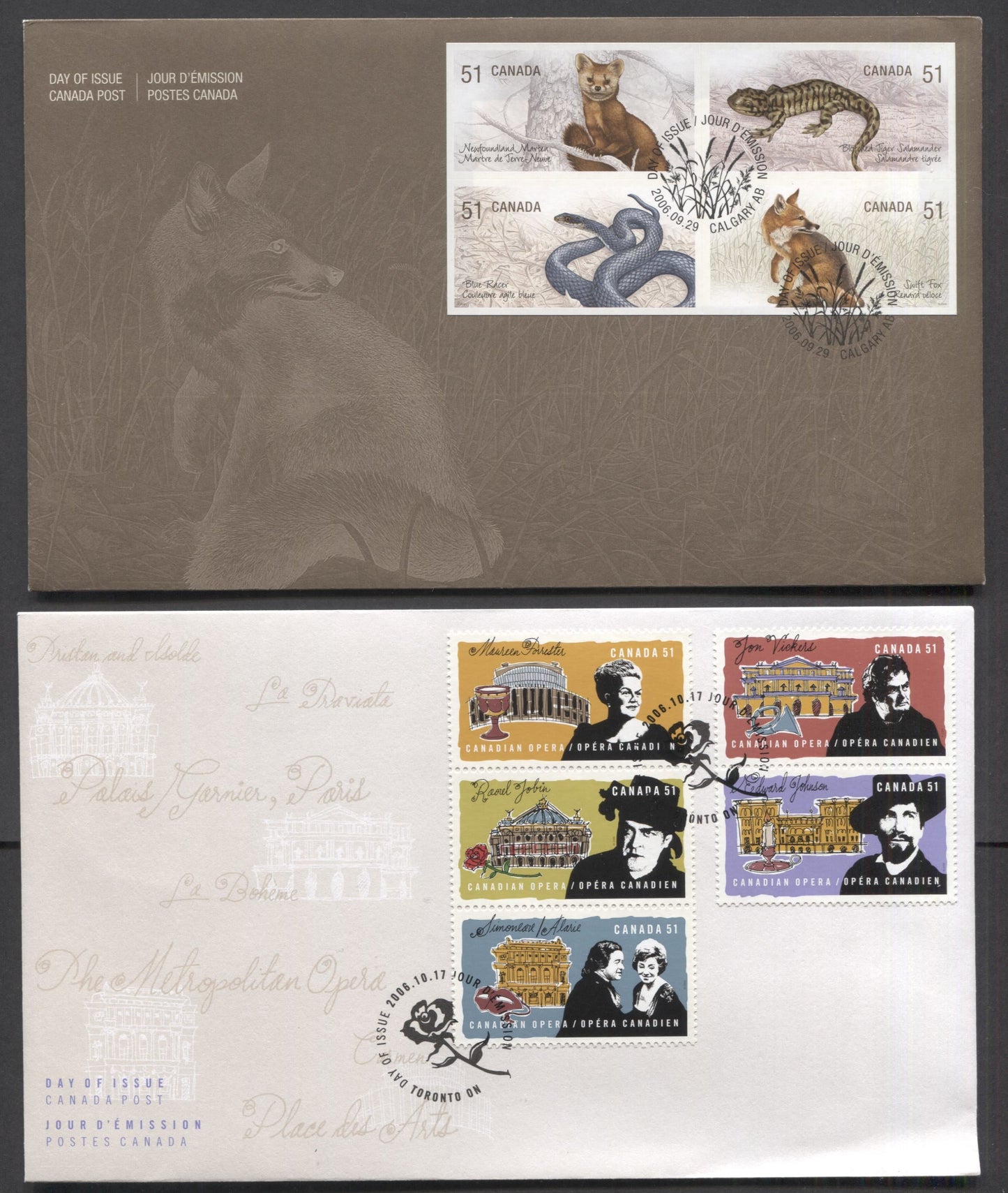 Canada #2177a, 2182a 51c Multicolored Newfoundland Martin - Edward Johnson, 2006 Endangered Wildlife & Opera Issues, 2 VF FDC's, Only 26,000 Of Each Produced