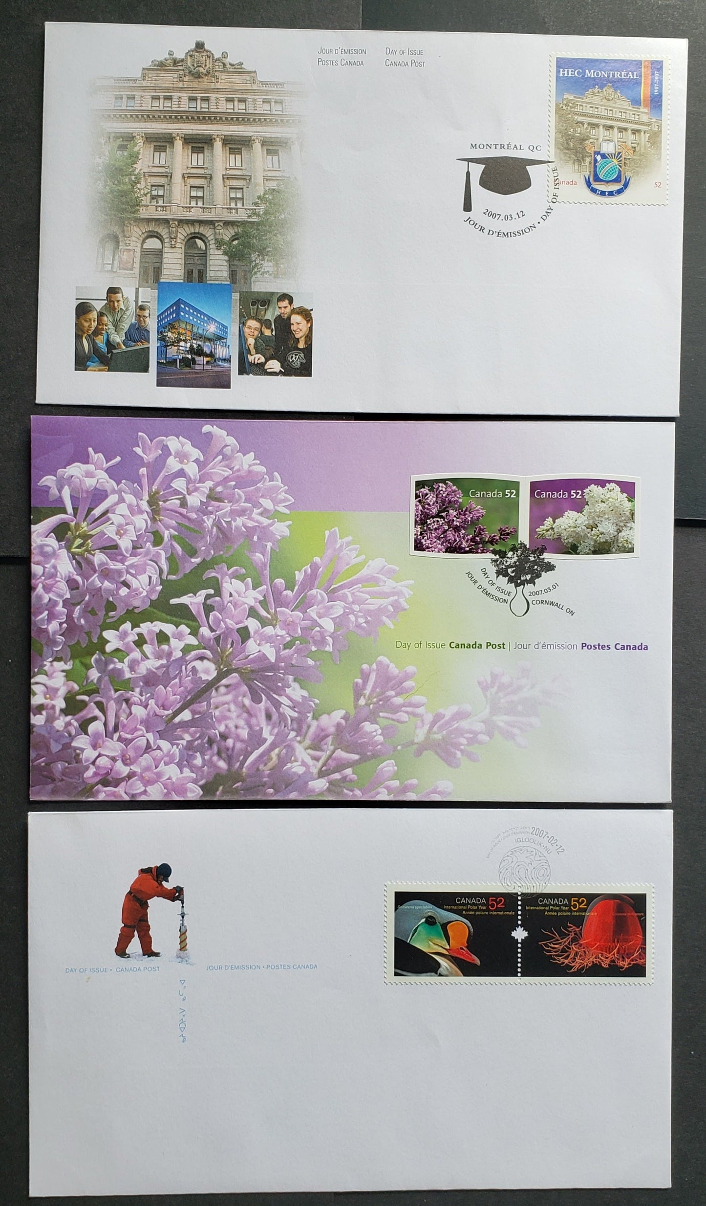 Canada #2205a, 2207-2209 52c Multicolored Male King Elder - HEC Montreal, 2007 International Polar Year - Higher Learning Issues, 3 VF FDC's, Likely 26,000 Or Less Of Each Produced
