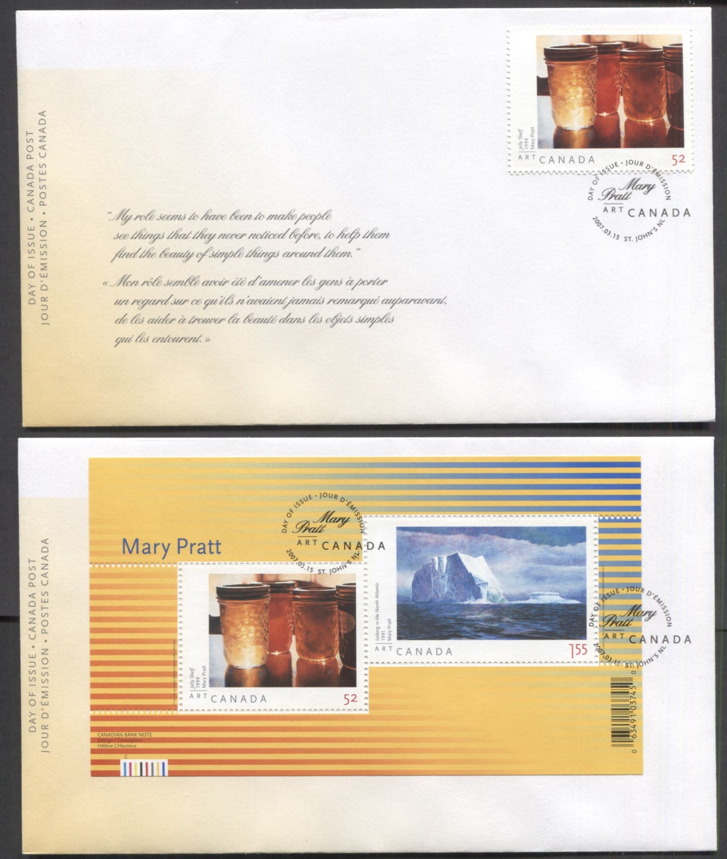 Canada #2211-2212 52c & $1.55 Multicolored Jelly Shelf & Iceberg In The North Atlantic, 2007 Art Canada: Mary Pratt Issues, 2 VF FDC's, Likely 26,000 Or Less Of Each Produced