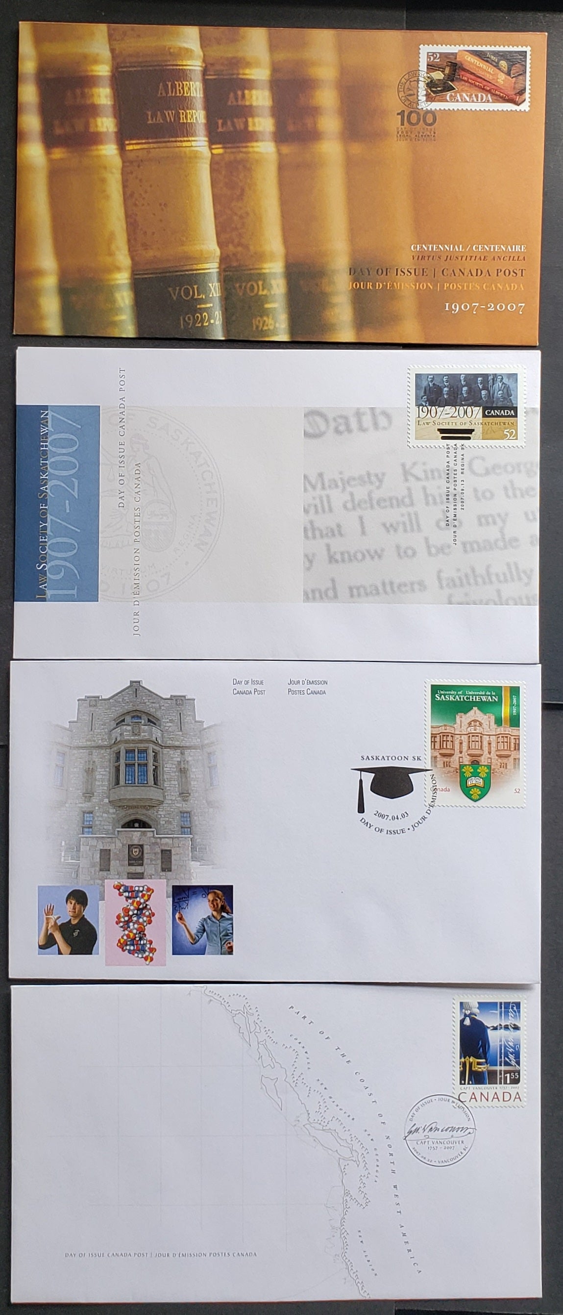 Canada #2210, 2219, 2227-2228 52c & $1.55 Multicolored University Of Saskatchewan - Law Sociery Of Alberta, 2007 Higher Learning - Law Society Centennial Issues, 4 VF FDC's, Likely 26,000 Or Less Of Each Produced
