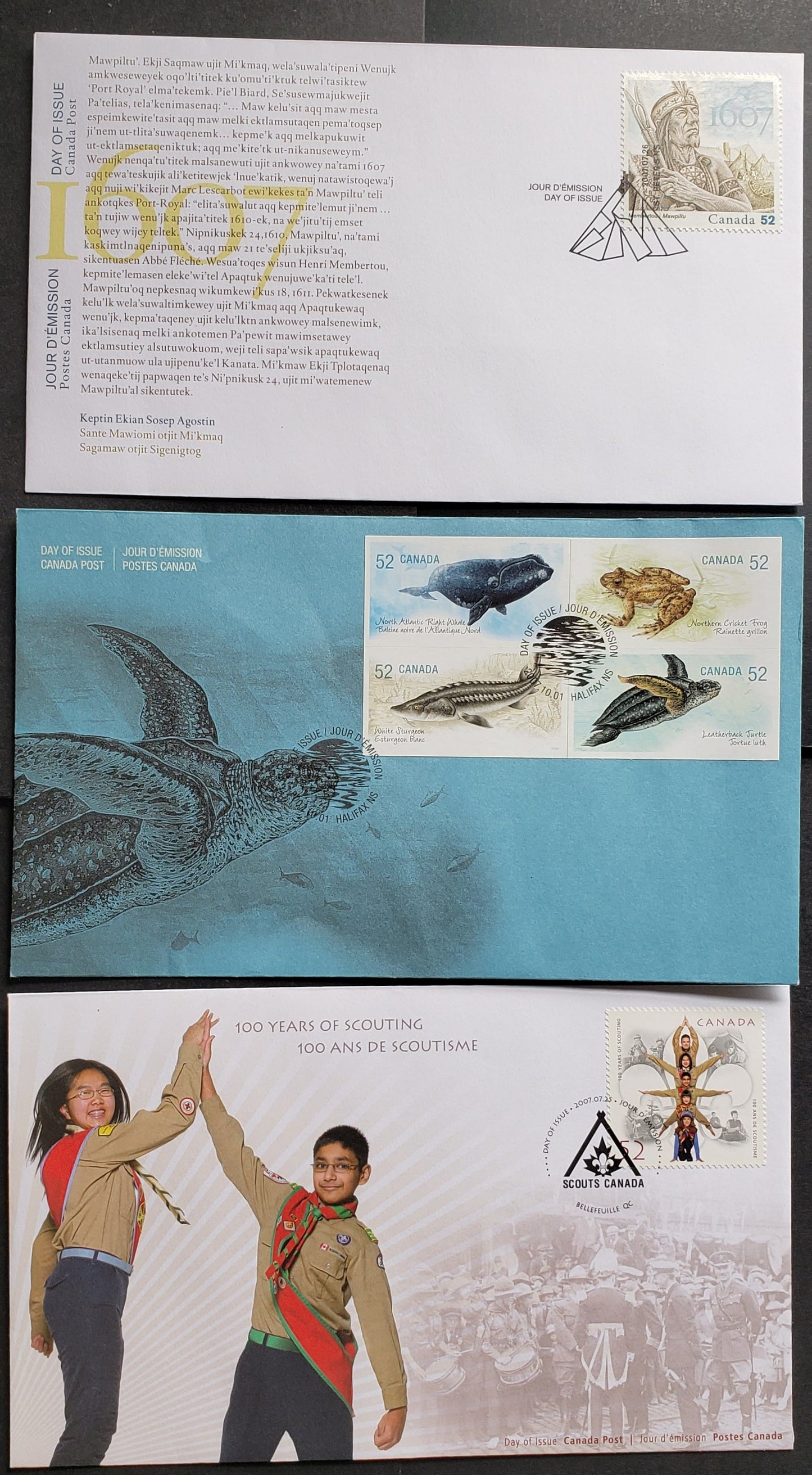 Canada #2225-2226, 2233 52c Multicolored Organization Logo - Leatherback Turtle, 2007 100 Years OF Scouting - Endangered Species Issues, 3 VF FDC's, Likely 25,000 Or Less Of Each Produced