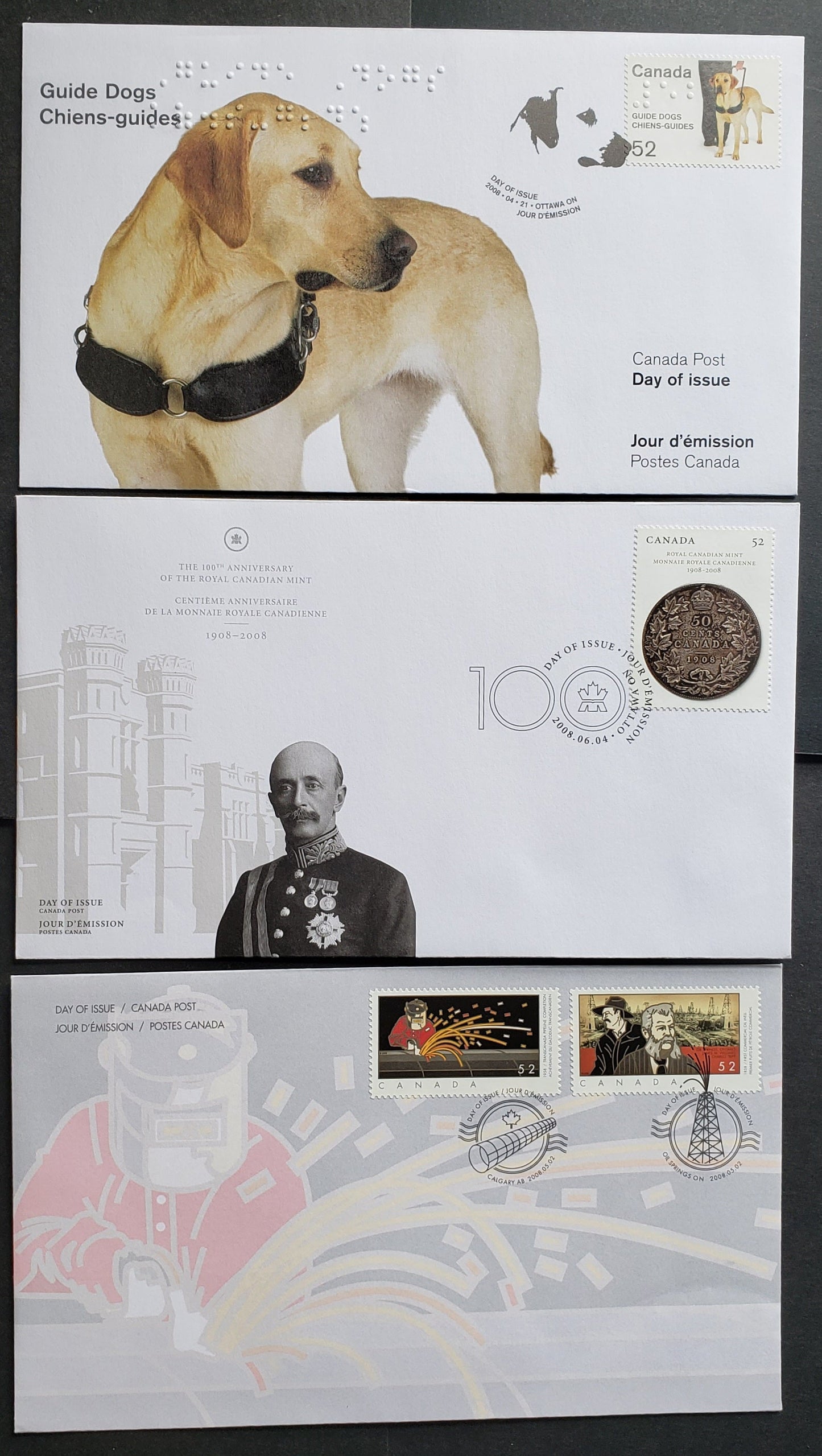 Canada #2266-2268, 2274 52c Multicolored Guide Dogs - Royal Canadian Mint, 2008 Guide Dogs - Mint Issues, 3 VF FDC's, Likely 25,000 Or Less Of Each Produced, 11,000 Of #S77 Issued
