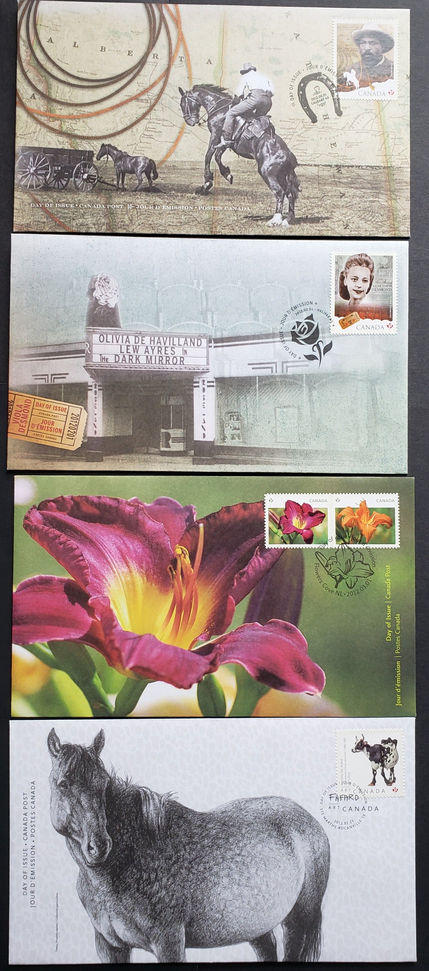Canada #2520-2521, 2529-2530 P(61c) & $1.80 Multicolored, 2012 Black History Month - Daylilies Issues, 4 VF FDC's, Likely 20,000 Or Less Of Each Produced