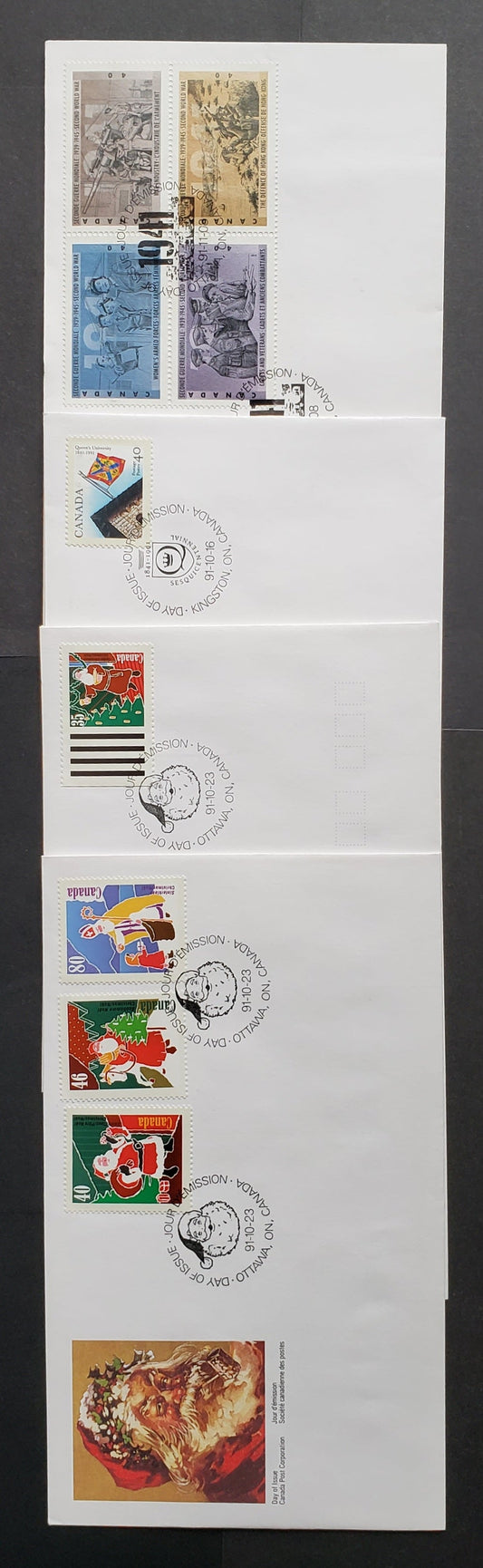 Canada #1338-1342, 1348a 35c-80c Multicolor 1991 Queens University - WW2 Issues, 4 Canada Post FDC's Franked With Singles & Block, Approx 40,000 Of Each Produced, Cat. Value $10.3