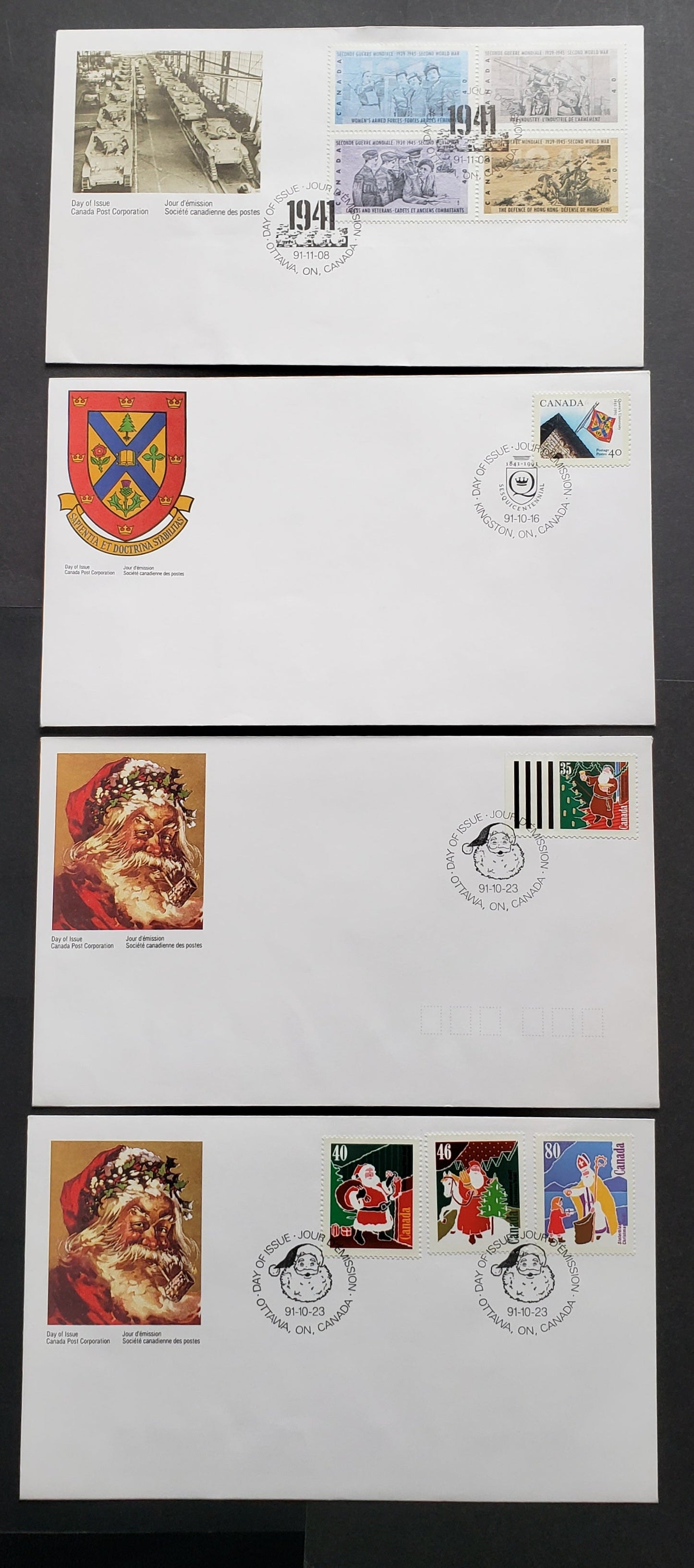Canada #1338-1342, 1348a 35c-80c Multicolor 1991 Queens University - WW2 Issues, 4 Canada Post FDC's Franked With Singles & Block, Approx 40,000 Of Each Produced, Cat. Value $10.3