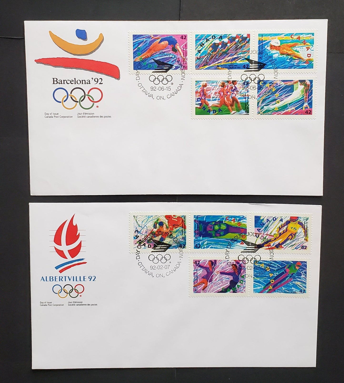 Canada #1403a, 1418a 42c Multicolor 1992 Winter & Summer Olympics, 2 Canada Post FDC's Franked With Strips Of 3 & Pairs, Approx 45,000-95,000 Of Each Produced, Cat. Value $9.4