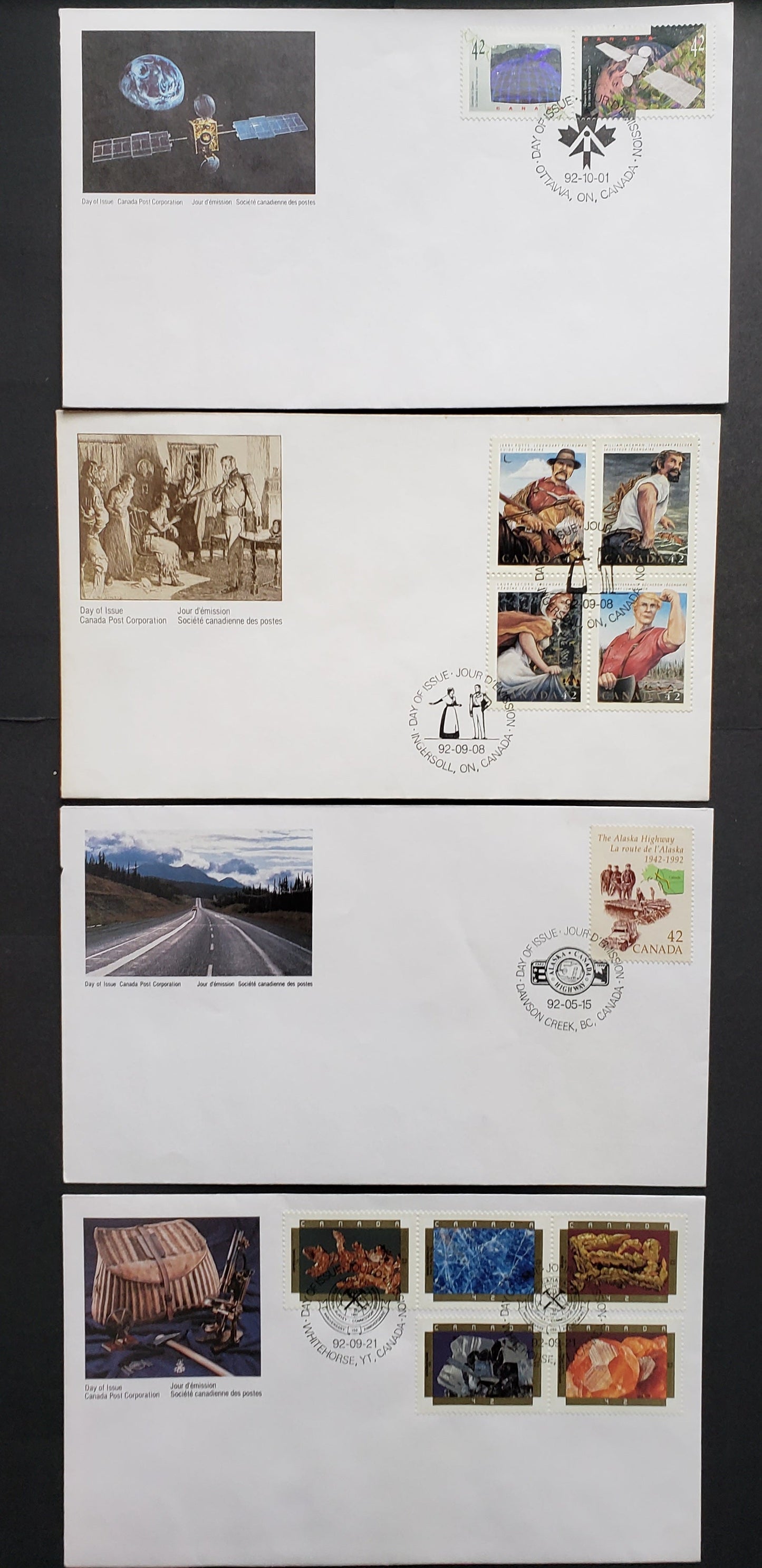 Canada #1413, 1435a, 1440a, 1442a 42c Multicolor 1992 Alaska Highway - Canada In Space Issues, 4 Canada Post FDC's Franked With Singles & Se-tenant Blocks & Strips, Approx 22,000-40,000 Of Each Produced, Cat. Value $12.1