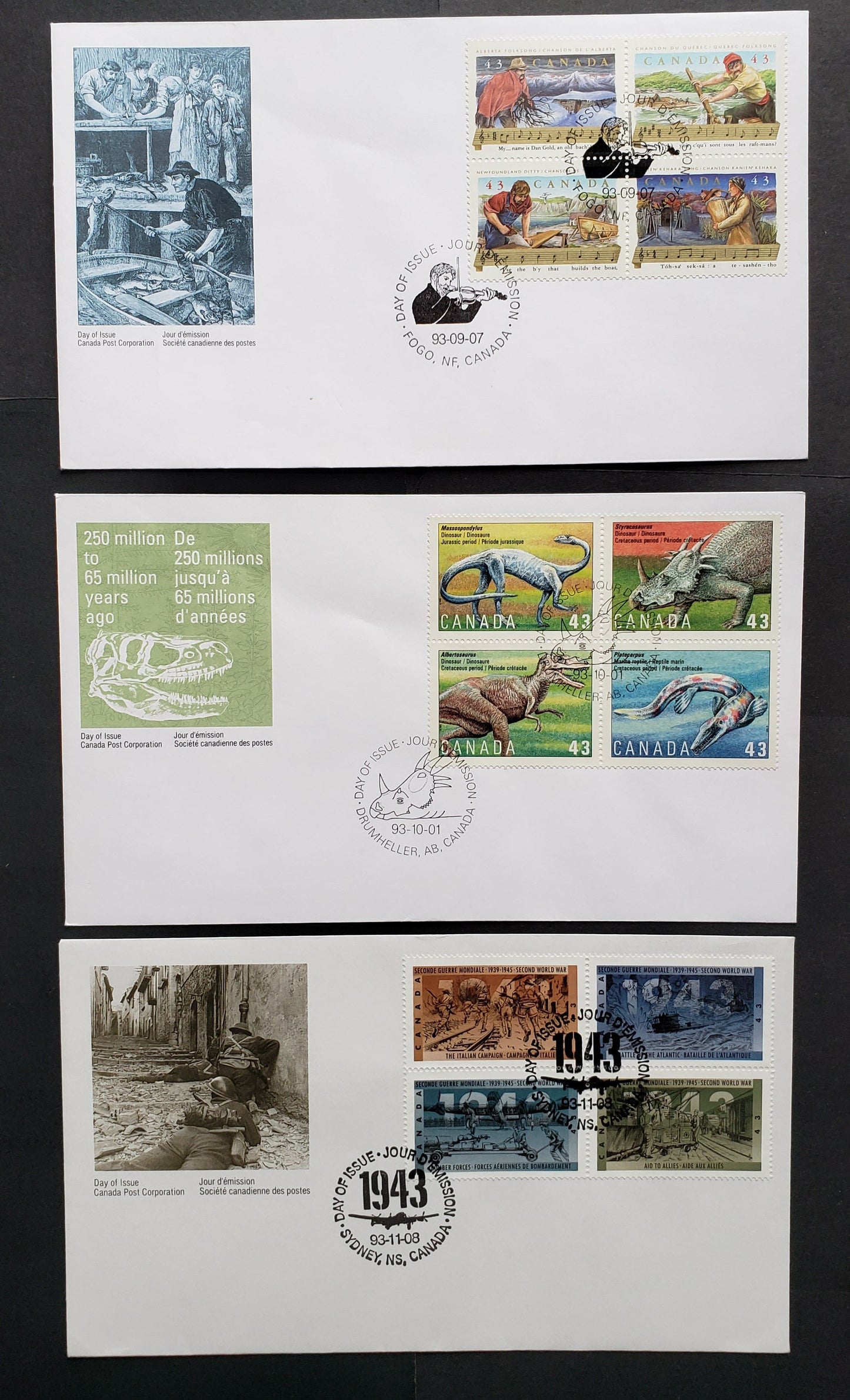 Canada #1494a, 1498a, 1506a 43c Multicolor 1993 Folklore - WW2 Issues, 3 Canada Post FDC's Franked With Blocks Of 4, Approx 30,000-60,000 Of Each Produced, Cat. Value $11.85
