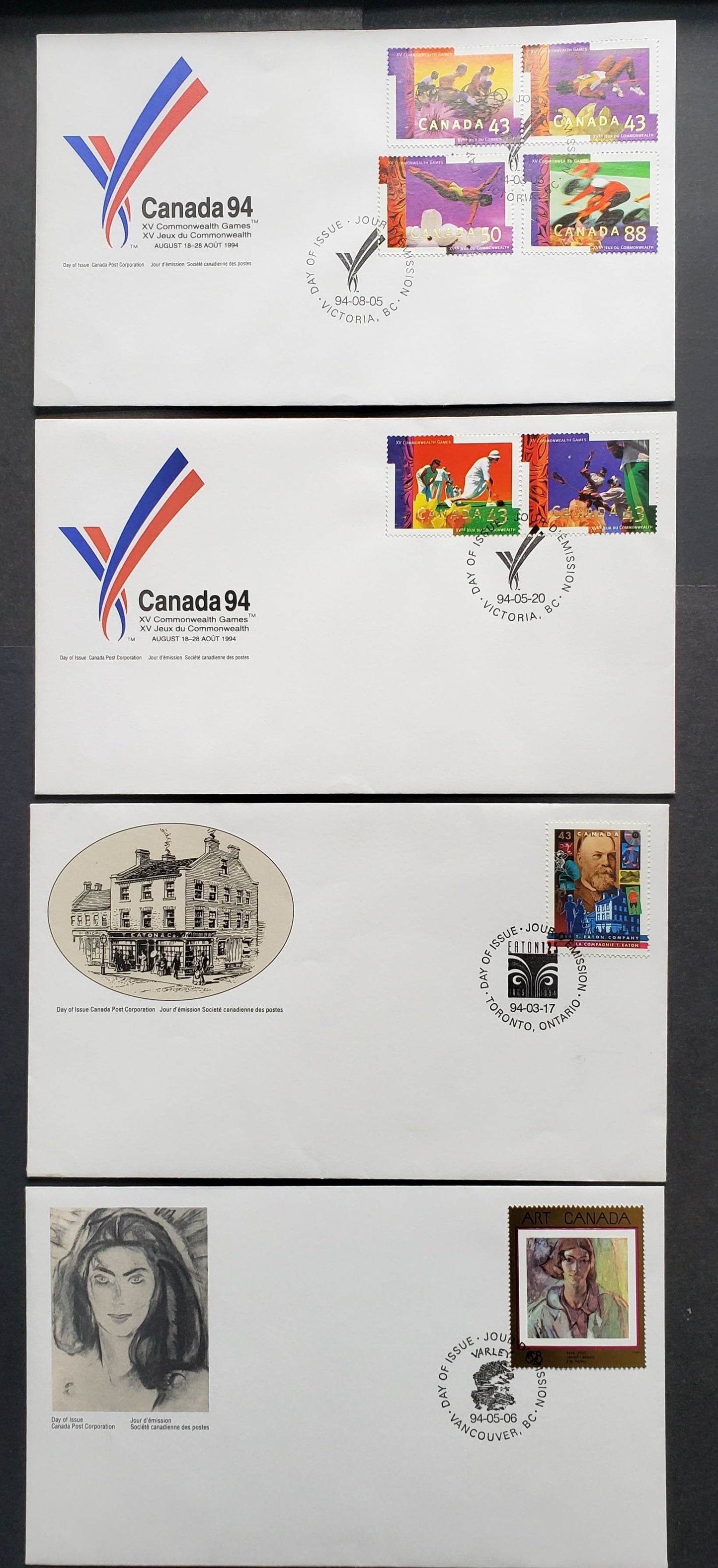 Canada #1510, 1516, 1518a, 1519-1522 43c, 50c & 88c Multicolor 1994 T. Eaton - Commonwealth Games Issues, 3 Canada Post FDC's Franked With Singles & Combinations, Approx 30,000-60,000 Of Each Produced, Cat. Value $11.20