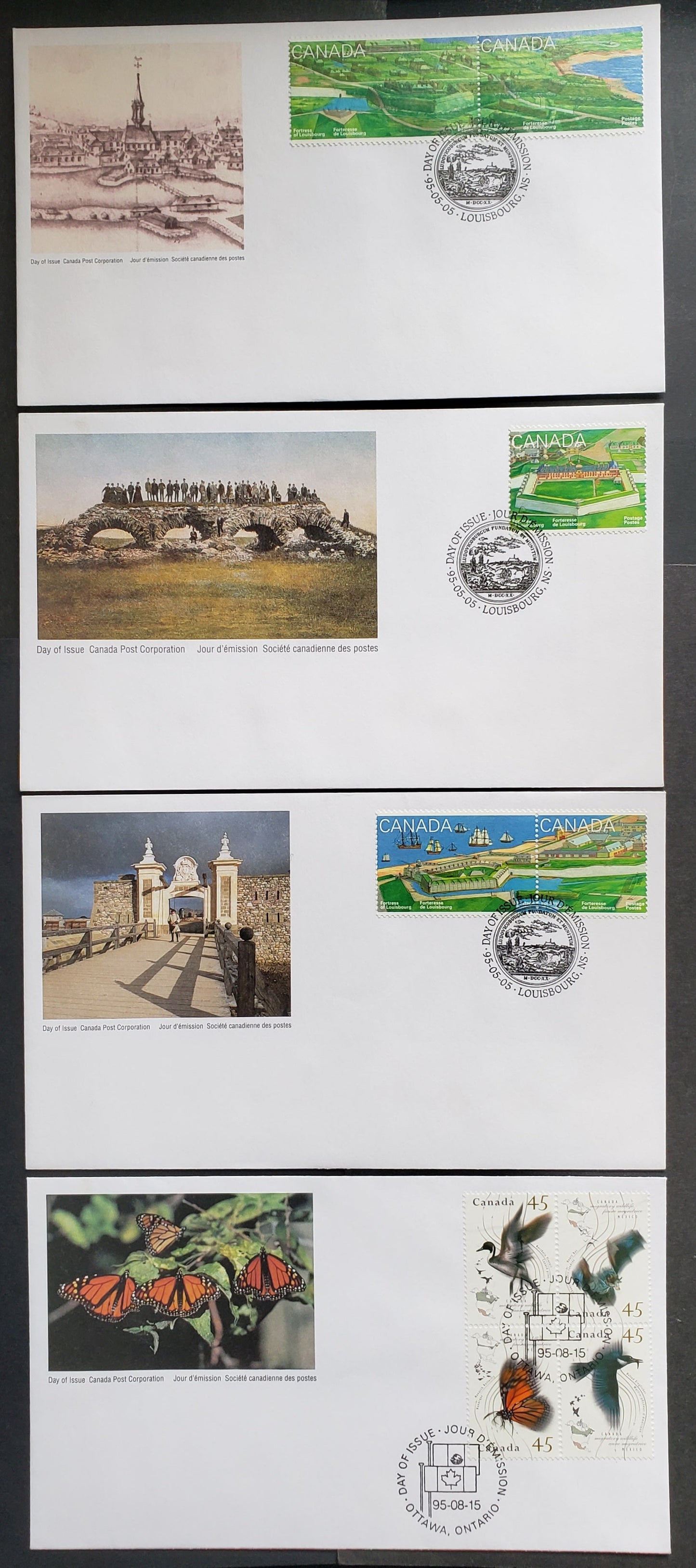 Canada #1547-1551, 1566a 45c Multicolor 1995 Louisbourg Fortress - Migratory Wildlife Issues, 4 Canada Post FDC's Franked With Stips & Block, Approx 40,000 Issued, Cat. Value $10.25