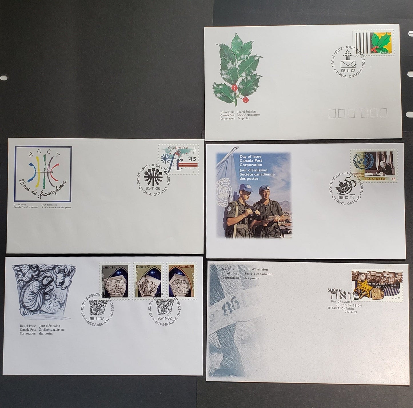Canada #1584-1590 45c/90c Multicolor 1995 United Nation - Holocaust Issues, 5 Canada Post FDC's Franked With Singles, Approx 30,000-40,000 Issued, Cat. Value $10.25