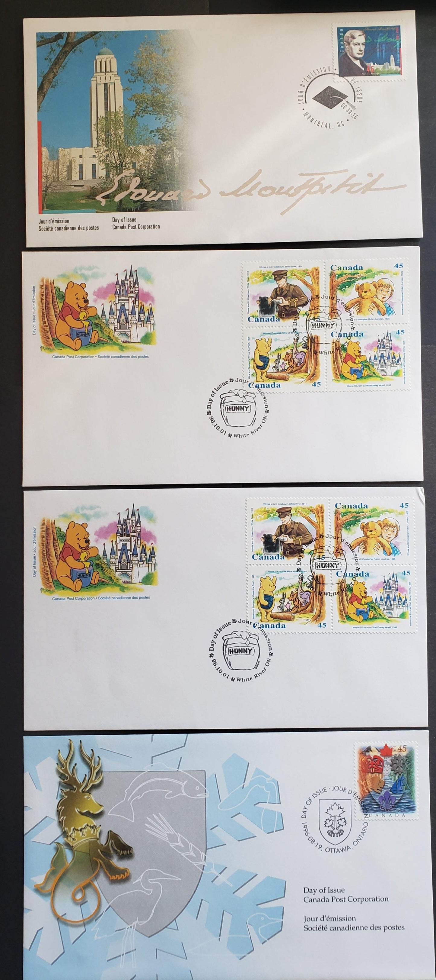 Canada #1614, 1617, 1621a 45c Multicolor 1996 Heraldry - Winnie The Pooh, 4 Canada Post FDC's Franked With Singles & Blocks, Approx 30,000-40,000 Issued For Each, Cat. Value $7.2