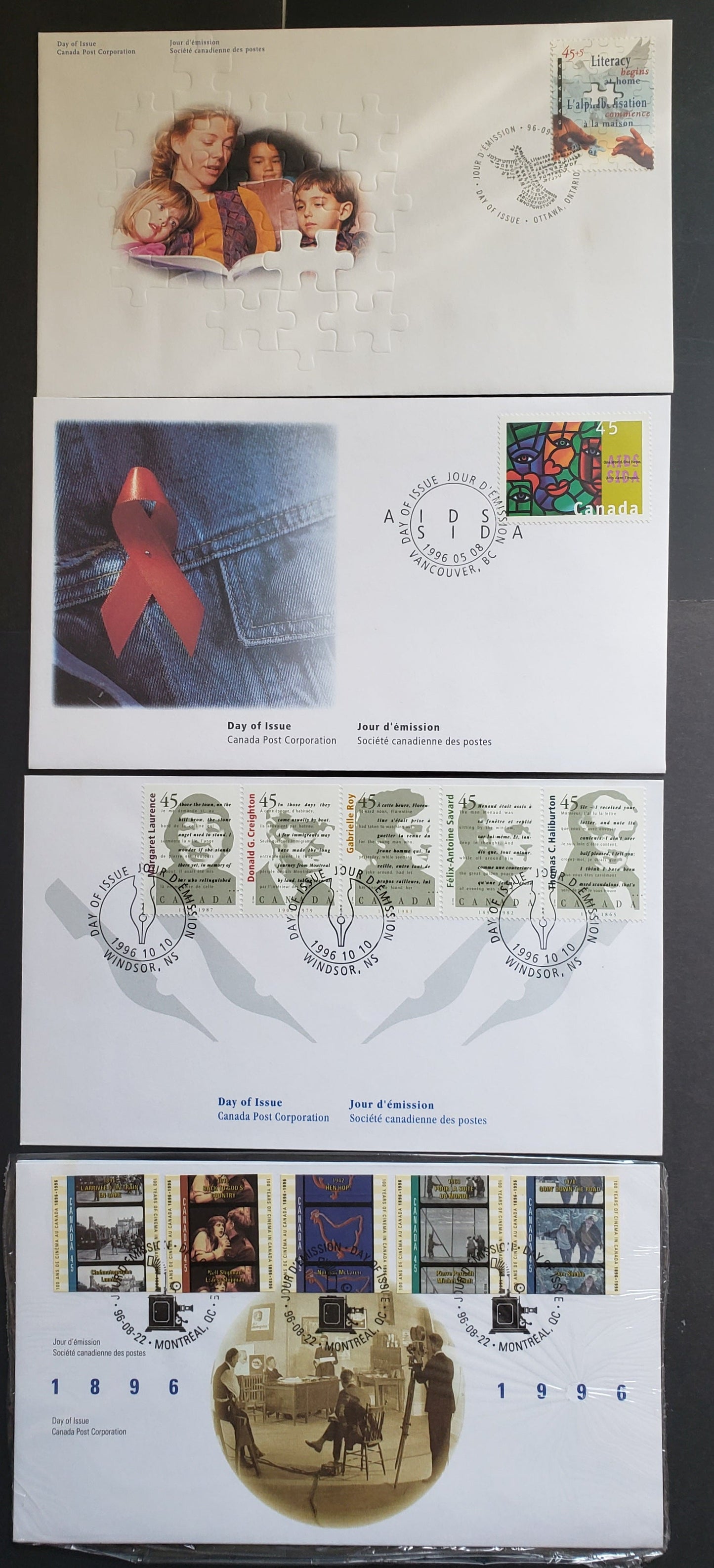 Canada #B13, 1603, 1615-1616, 1626a 45c, 45c+5 Multicolor 1996 AIDS - Authors Issues, 4 Canada Post FDC's Franked With Singles & Strips, Approx 30,000-40,000 Issued For Each, Cat. Value $18.4