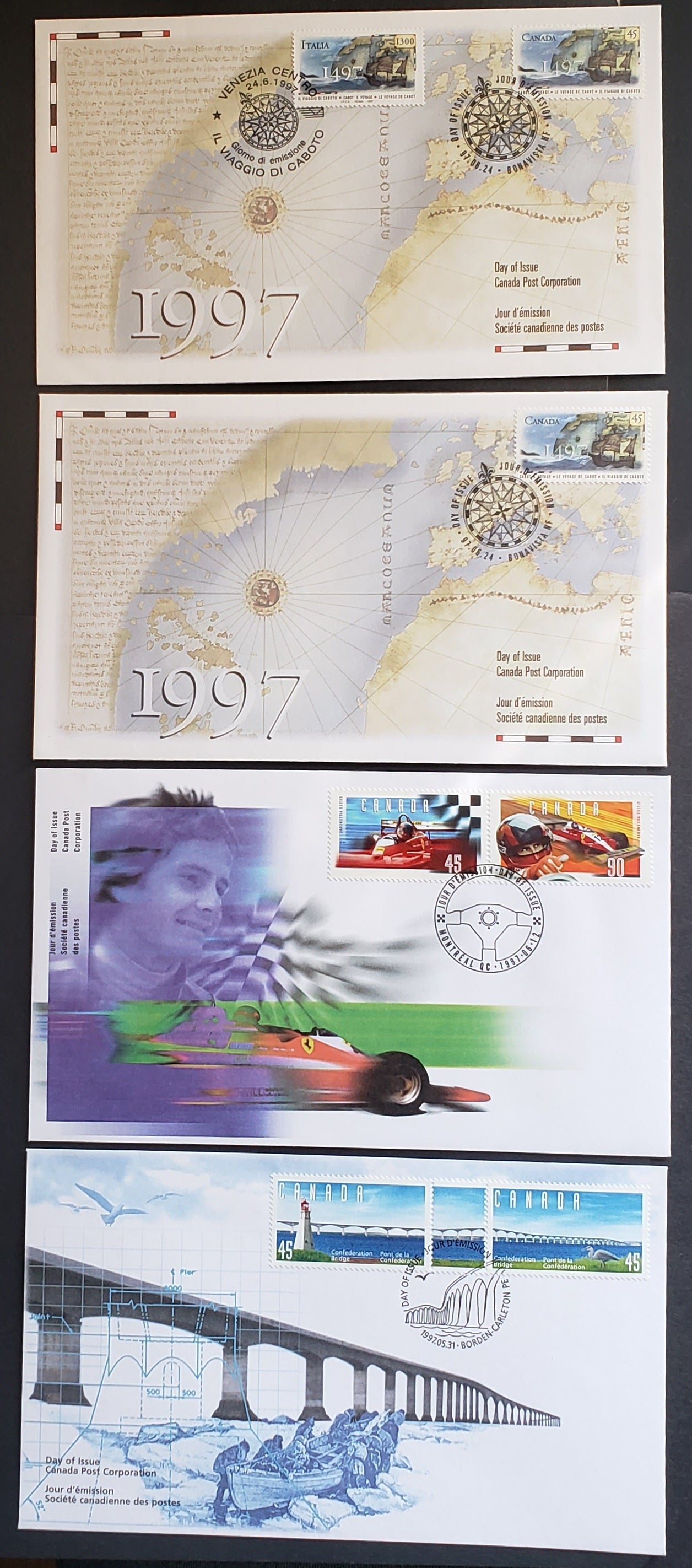 Canada #1646a, 1648a, 1649 45c & 90c Multicolor 1997 Confederation Bridge - John Cabot, 4 Canada Post FDC's Franked With Singles & Pairs, Joint Issue With Italy, Cat. Value $11.2
