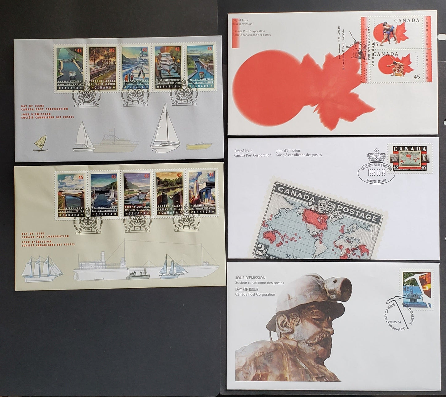 Canada #1721-1724a, 1725-1734 45c Multicolor 1998 CIM Centennrial - Canal Issues, 5 Canada Post FDC's Franked With Singles & Pair, Approx 40,000 Of Each Issued, Cat. Value $15.6
