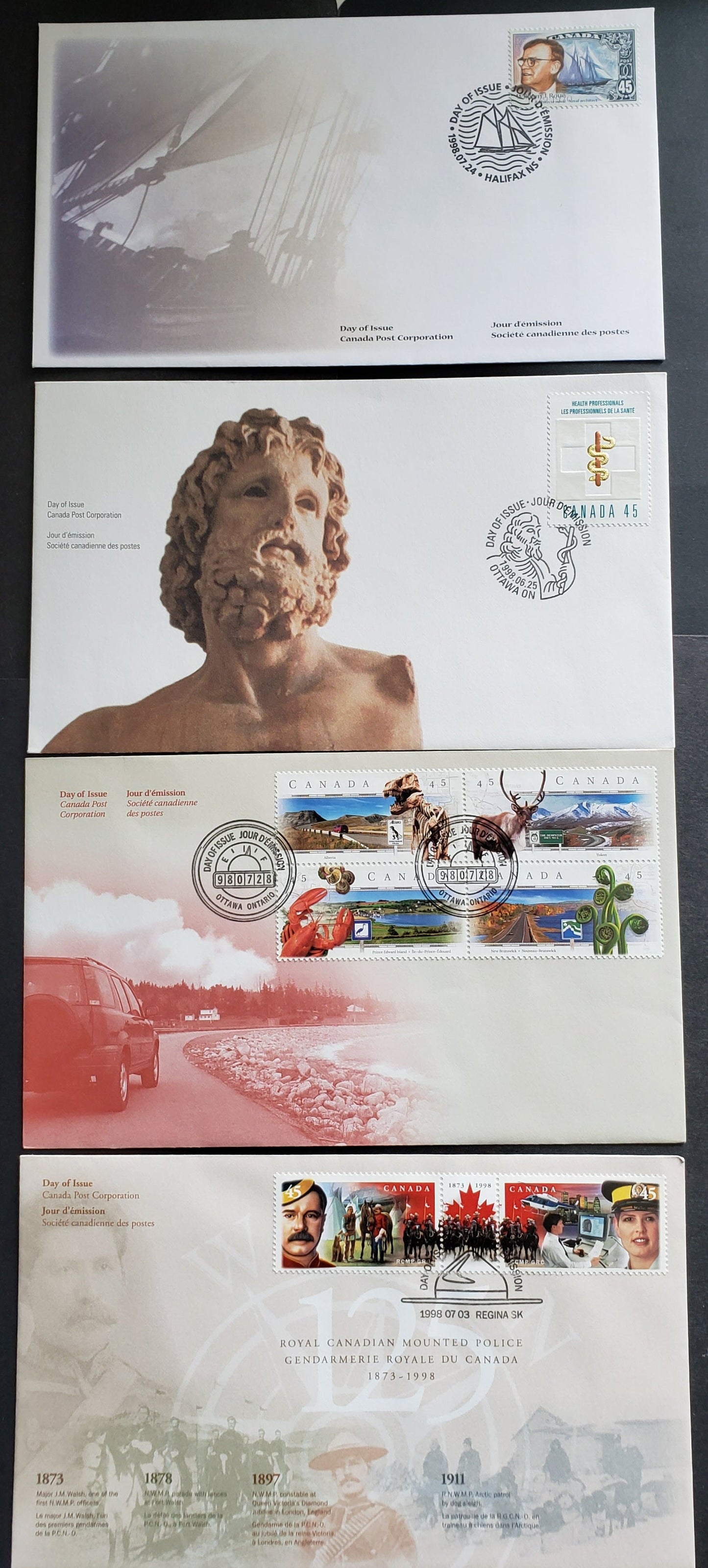 Canada #1735, 1737a, 1738, 1742a 45c Multicolor 1998 Health Professionals - Scenic Highways Issues, 4 Canada Post FDC's Franked With Singles, Pair & Block, Approx 40,000 Of Each Issued, Cat. Value $9.6