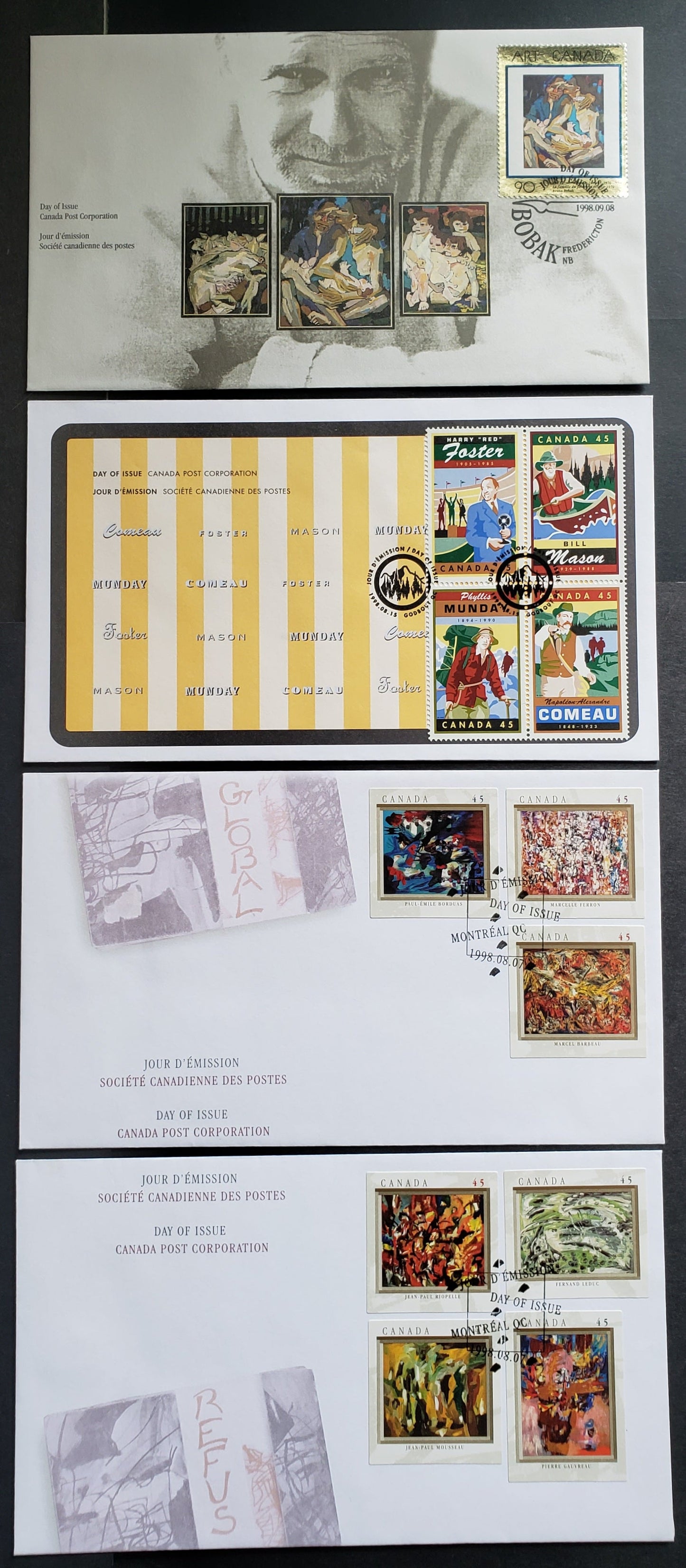 Canada #1743-1754 45c & 90c Multicolor 1998 Automatistes - Art Canada, 4 Canada Post FDC's Franked With Singles & Block, Approx 40,000 Of Each Issued, Cat. Value $14.2