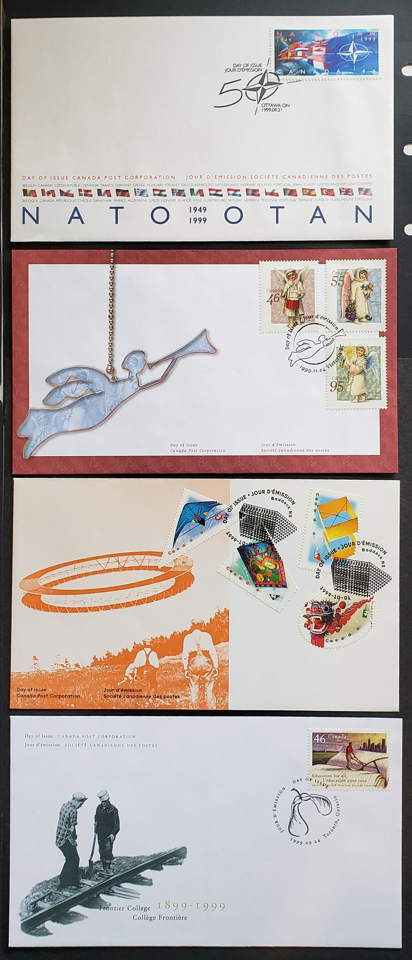 Canada #1809-1811, 1815-1817 46c, 55c & 95c Multicolor 1999 NATO - Christmas Issues, 4 Canada Post FDC's Franked With Singles, Approx 42,000 Of Each Issued, Cat. Value $11.8