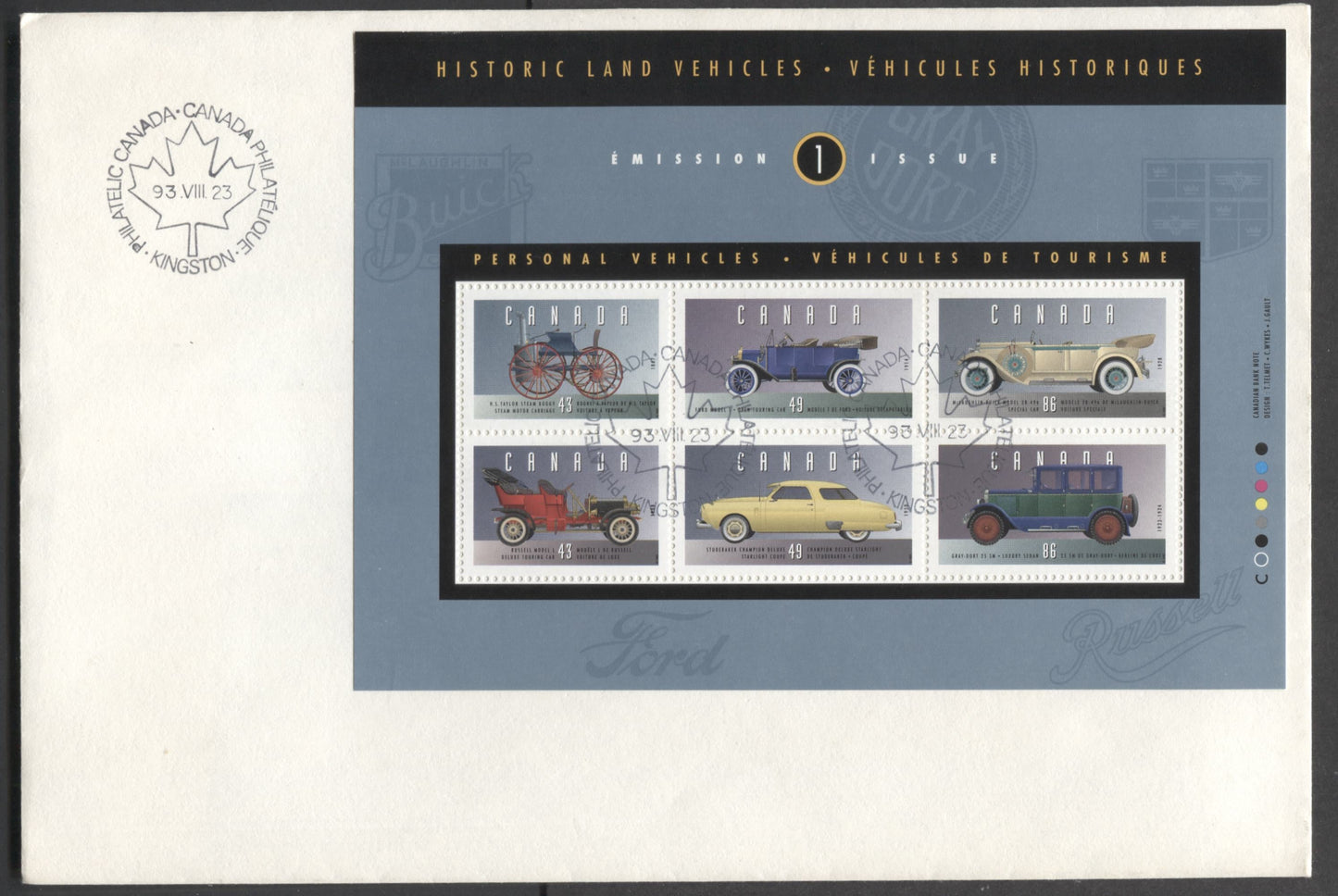 Canada #1490 43c/86c Multicolor 1993 Historic Land Vehicles, A Private FDC Franked With Souvenir Sheet, No Official FDC For The Complete Sheet, Which Was Produced In Sets Of 3, 550,000 Printed, Est. Value $10