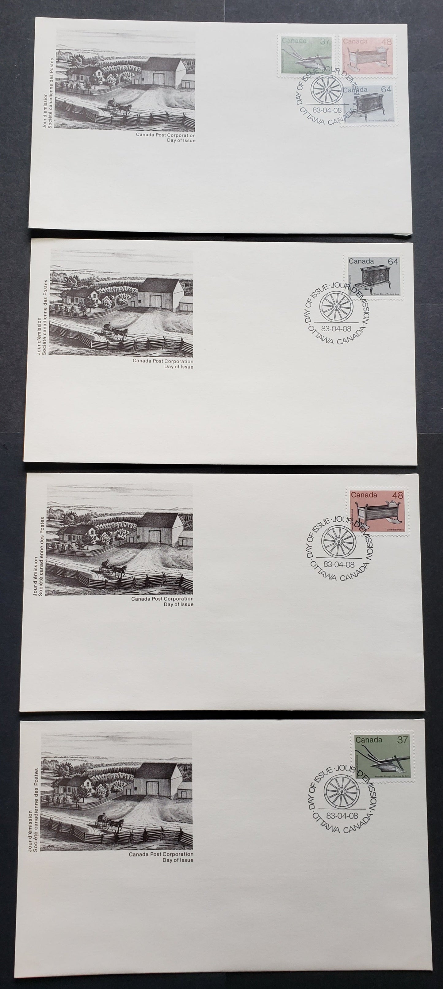 Canada 927, 929, 932 1983 Medium Value Artifact Definitives, 4 Official FDC’s Franked Singles and Combinations on DF and LF papers