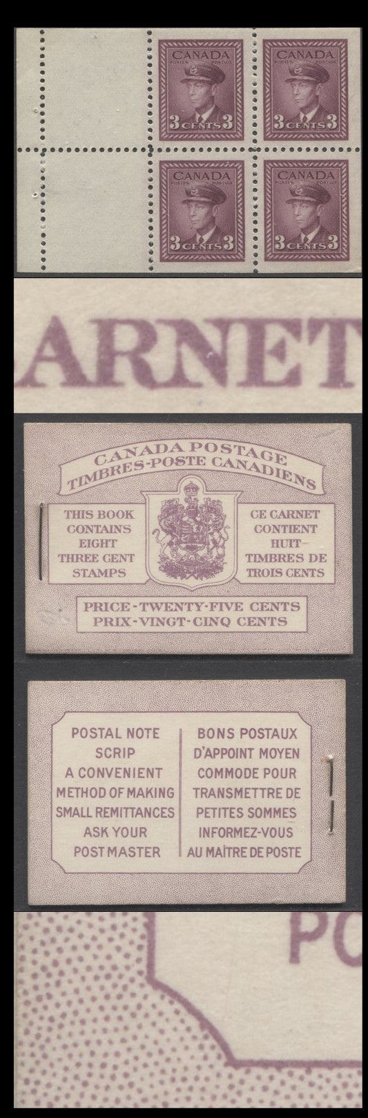 Lot 96A Canada #BK35dB 1942-1947 War Issue, A Complete 25c Bilingual Booklet, 2 Panes Of 4+2 Labels 3c Rose Violet, Front Cover IIId, Back Cover Fai, Type II, 7c & 5c Rates Page, 407,000 Issued