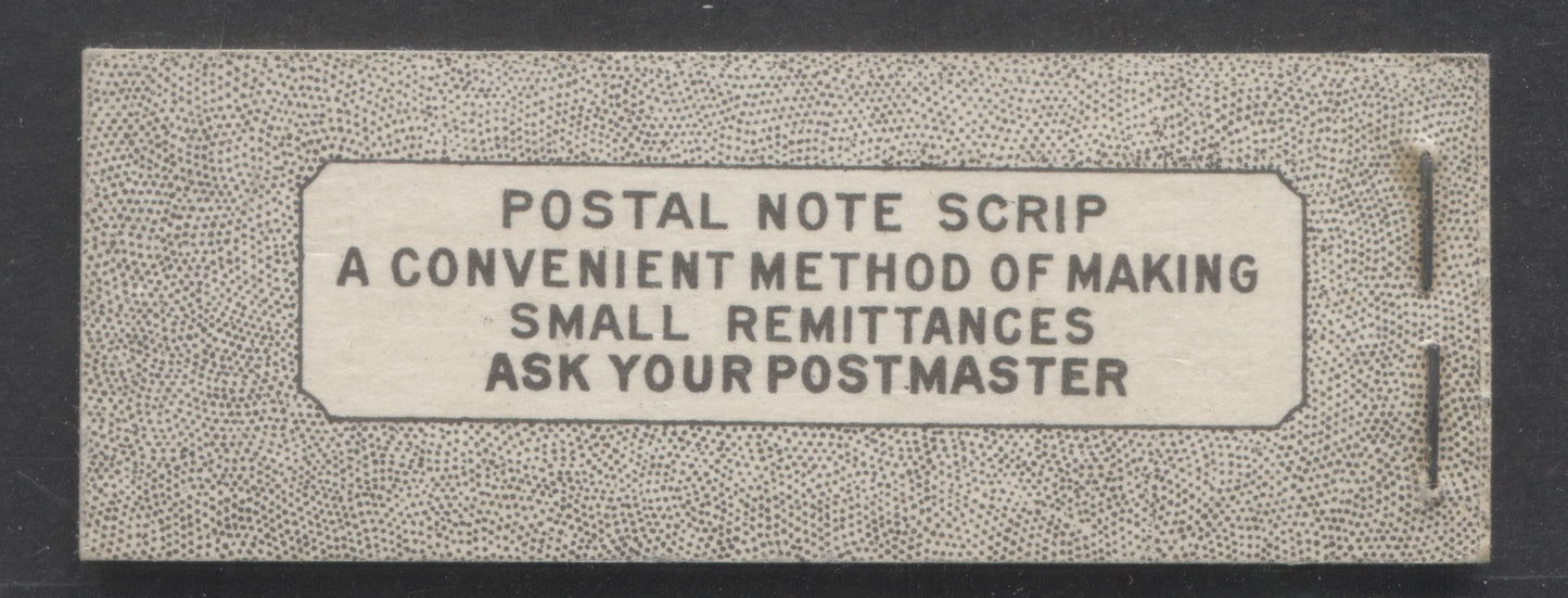Canada #BK38aEIVcHaii 1942-1947 War Issue, A Complete 25c English Booklet With 1c Green, 3c Rose Violet & Dark Carmine, Panes Of 3. Front Cover IVc, Back Cover Haii, Type II Cover, 7c & 6c Rates, 'Postmaster', Horiz. Ribbed Paper