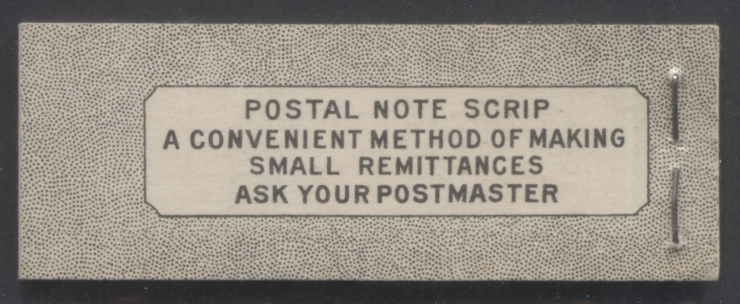 Canada #BK38aEIVcHaiii 1942-1947 War Issue, A Complete 25c English Booklet With 1c Green, 3c Rose Violet & Dark Carmine, Panes Of 3. Front Cover IVc, Back Cover Haiii, Type II Cover, 7c & 6c Rates, 'Postmaster', Horiz. Ribbed