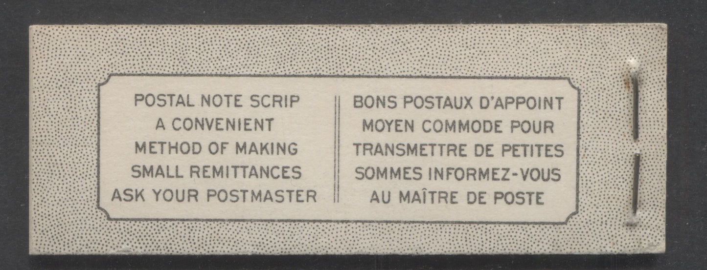 Lot 59 Canada #BK43aB 1949-1951 KGVI Issue, A Complete 25c Bilingual Booklet With 1c Green, 3c Rose Violet & 4c Dark Carmine, Panes Of 3. Front Cover VIe, Back Cover Kai, Type I Cover, 7c & 5c Rates, 332,950 Issued