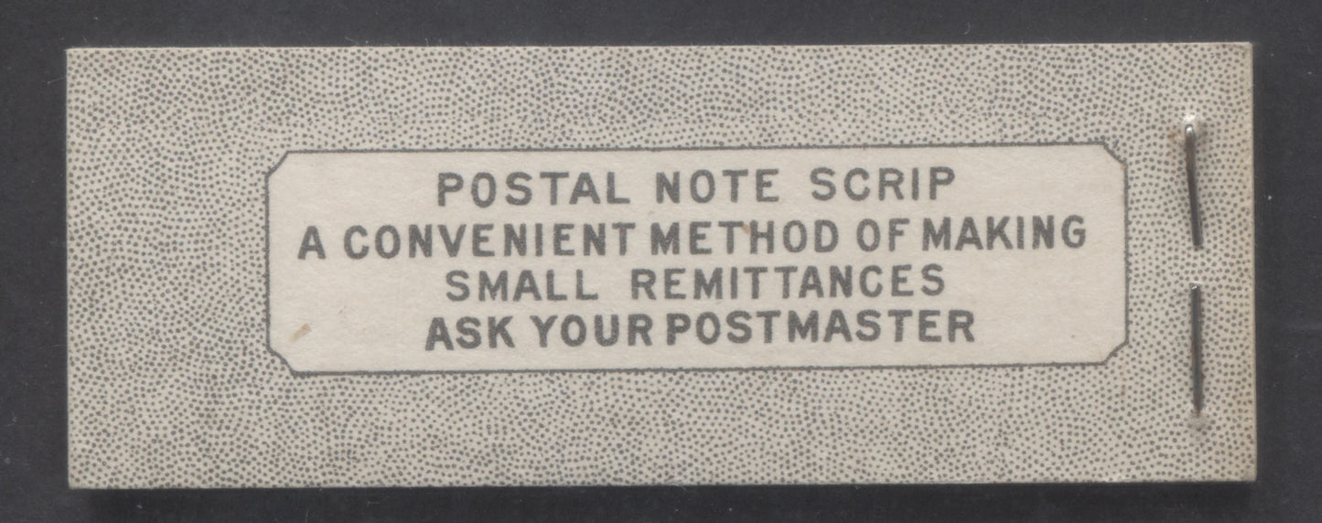 Lot 58 Canada #BK38aE 1942-1947 War Issue, A Complete 25c English Booklet With 1c Green, 3c Rose Violet & Dark Carmine, Panes Of 3. Front Cover IVa, Back Cover Haii, Type II Cover, 7c & 6c Rates, 'Postmaster' , 5,464,000 Issued